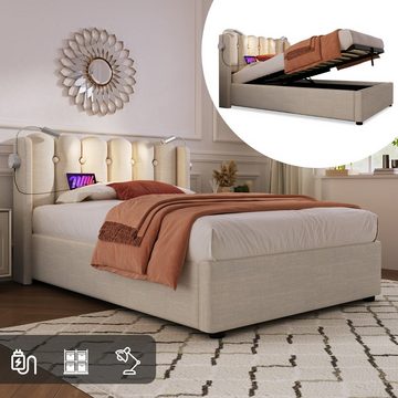 BlingBin Einzelbett Polsterbett (1-tlg., Ladefunktion und Bettkasten, mit Leselicht 90 ×200CM), 2 USB-Ladeanschlüsse, mit lattenrost, Ohne Matratze, Leinen