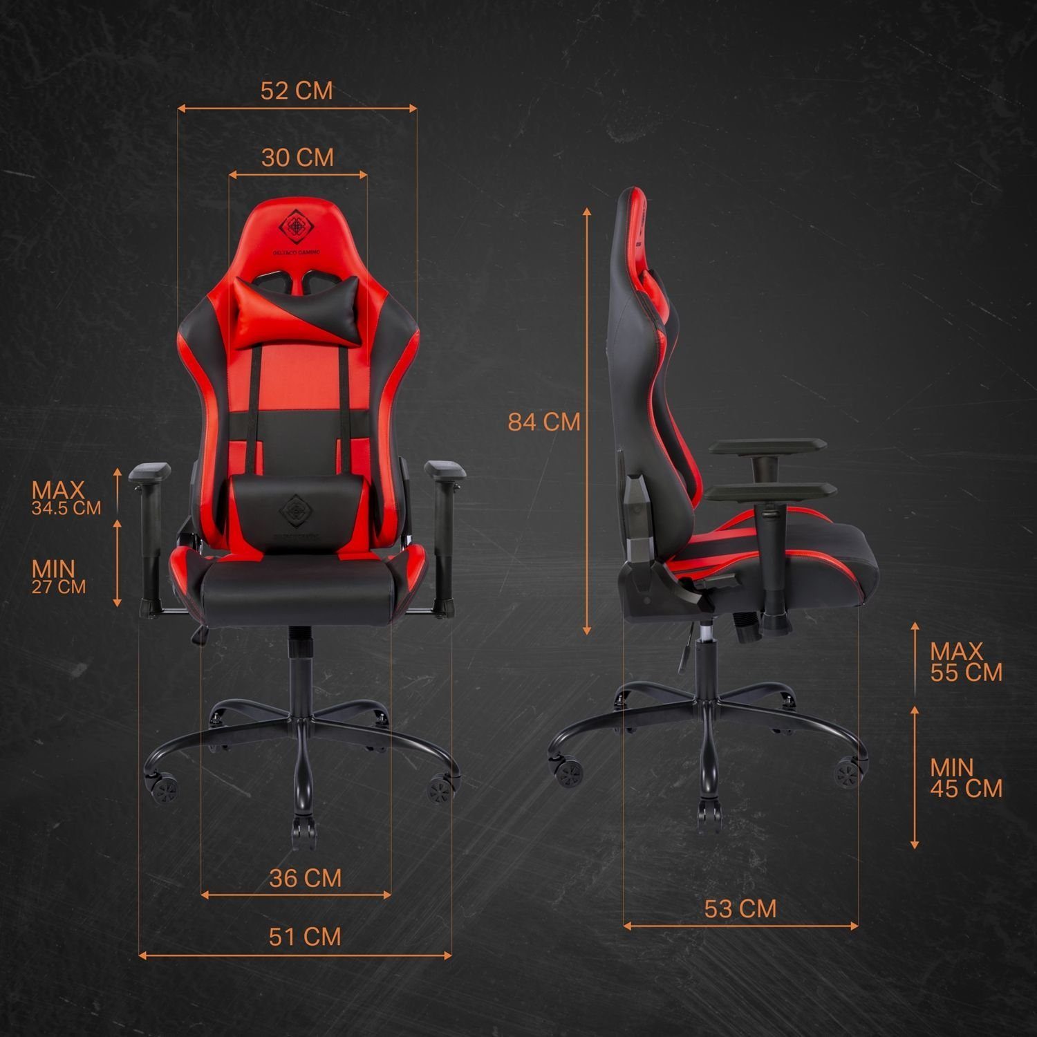 DELTACO Gaming-Stuhl 110kg Stuhl inkl. Kissen Stuhl 5 (kein extra Gaming Gamer Rückenlehne, Jumbo hohe Jahre Set), Herstellergarantie groß, schwarz/rot