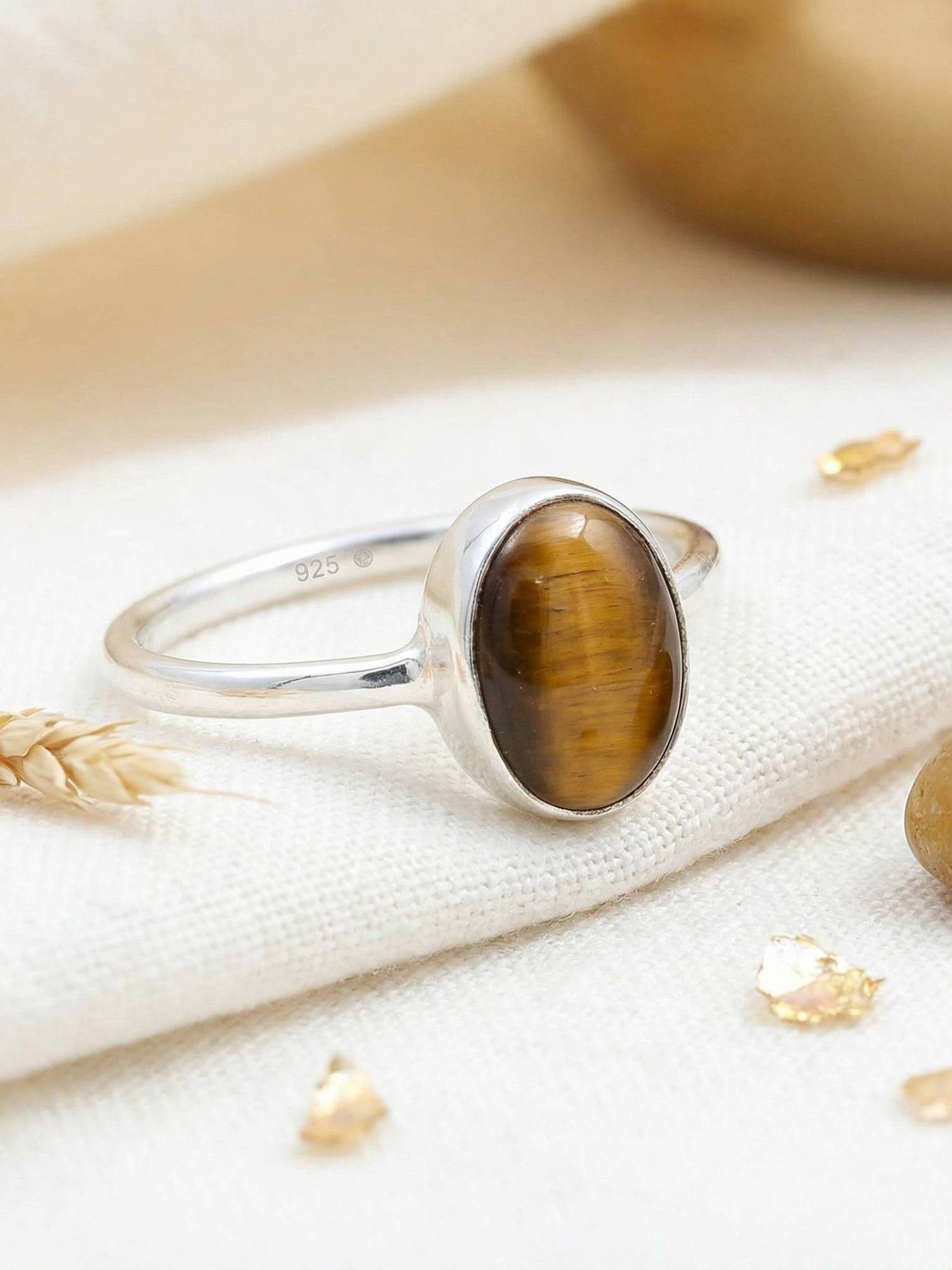 mantraroma Silberring SAMA oval aus 925 Silber mit Tigerauge (Ring mit Schmuckbeutel), Damenring aus 925er Silber