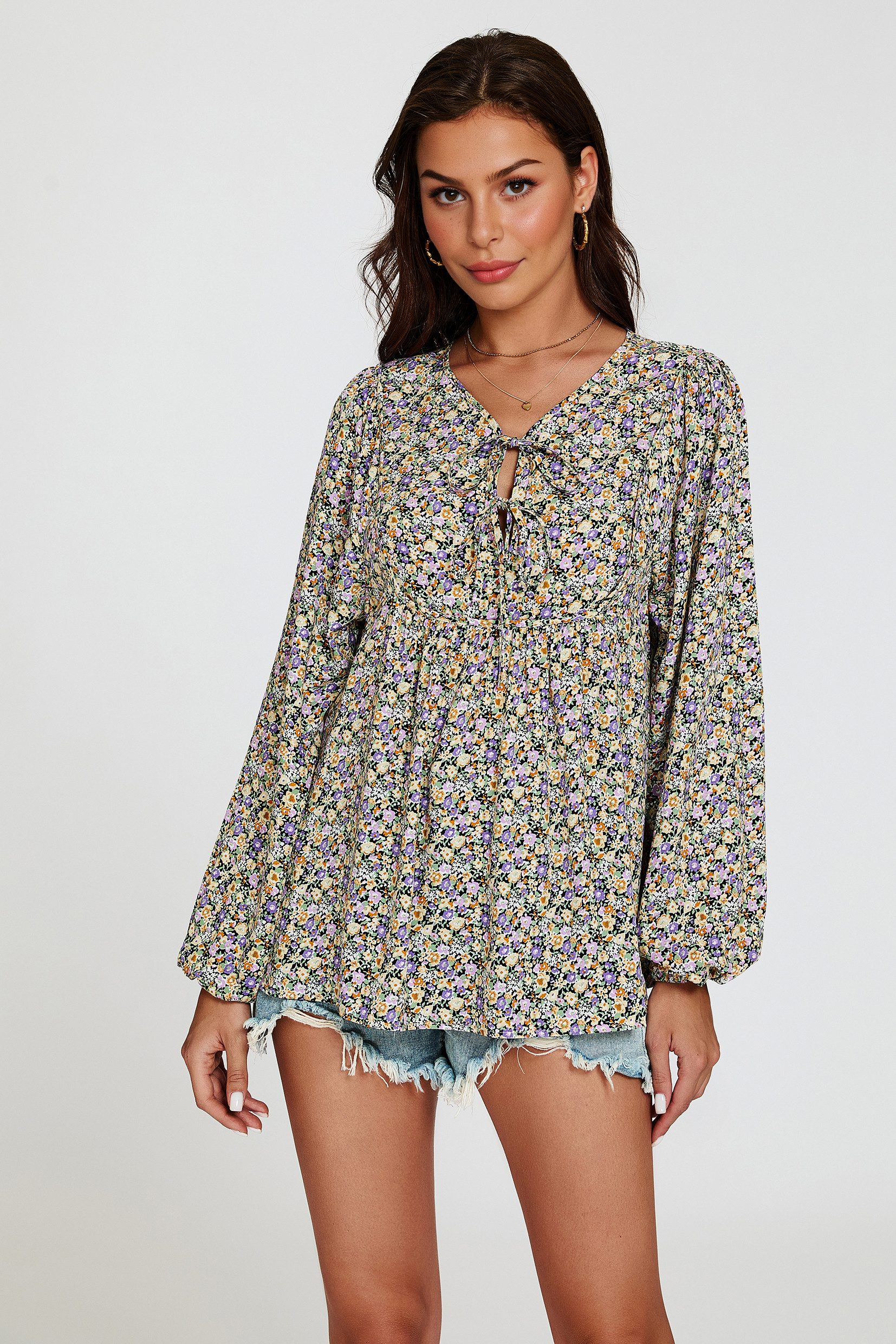 FS Collection Langarmbluse Damen Bluse mit V-Ausschnitt mit Bindedetail - Blusenoberteil (XS (UK 8 / EU 36) S (UK 10 / EU 38) M (UK 12 / EU 40) L (UK 14 / EU 42) XL (UK 16 / EU 44), in farbe Blau-Türkis mit floralem Muster) leicht, atmungsaktiv und formstabil