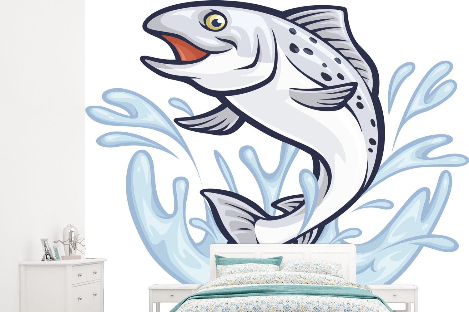 MuchoWow Fototapete Illustration eines Fisches im Matt, Tapete (5 bedruckt, für Montagefertig Vinyl Wandtapete Wasser, Wohnzimmer, St)