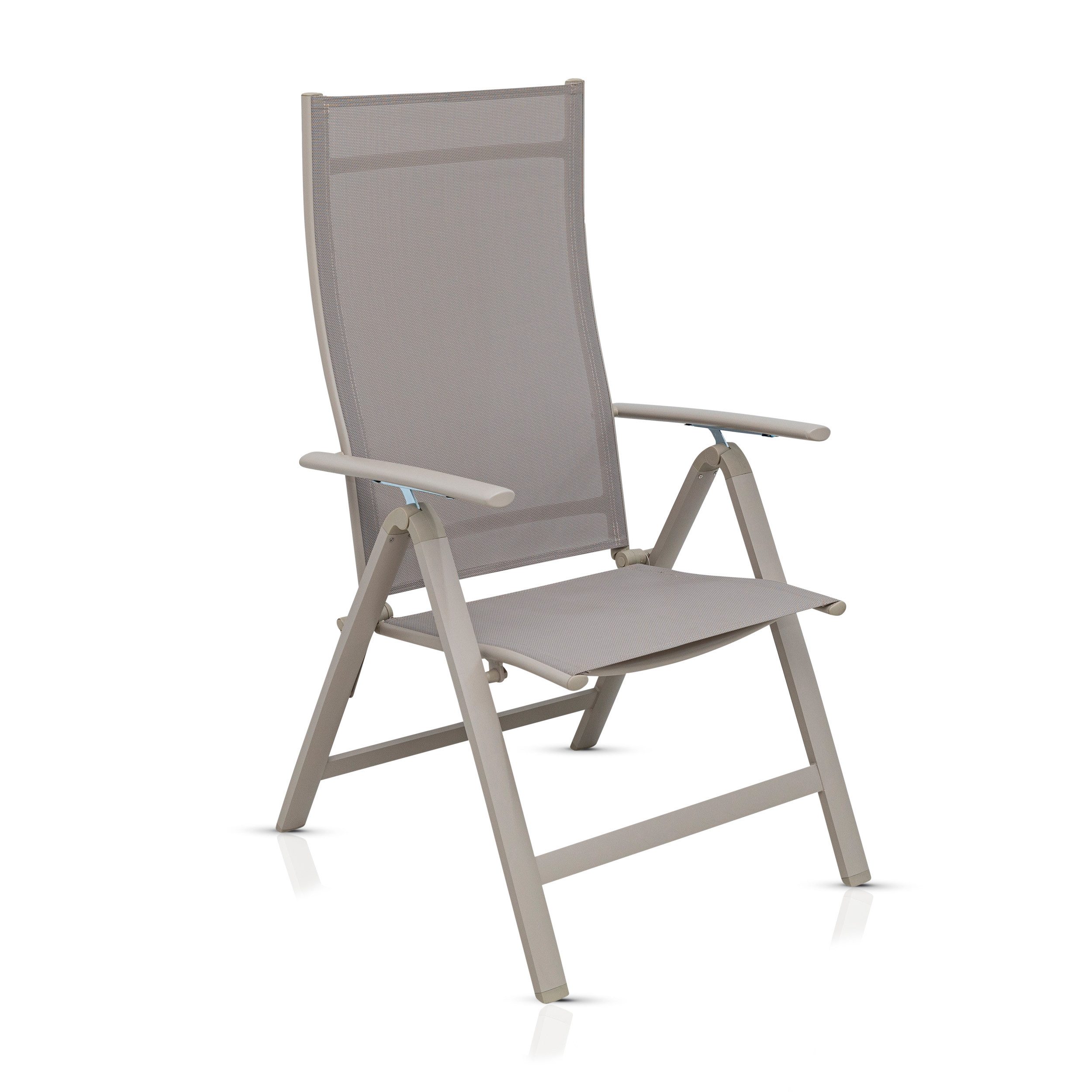 KHG Gartenstuhl Hochlehner Beige Klappstuhl aus Aluminium, Balkonstuhl, vormontiert (7-Fach verstellbar mit Armlehne, wetterfest 120 kg belastbar), Klappbar, wetterfest, 7-fach verstellbare Rückenlehne