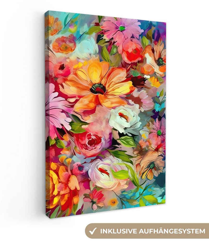 OneMillionCanvasses® Leinwandbild Blumen - Farbenfroh - Kunst - Ölgemälde, (1 St), Leinwandbild fertig bespannt inkl. Zackenaufhänger, Gemälde, 20x30 cm