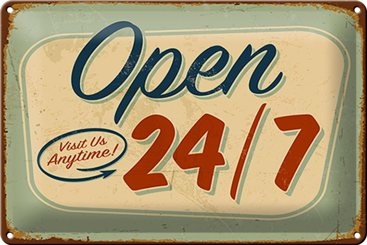 Metallschild Schild Blech Retro -Made in Germany- 30x20cm open visit us anytime 24/