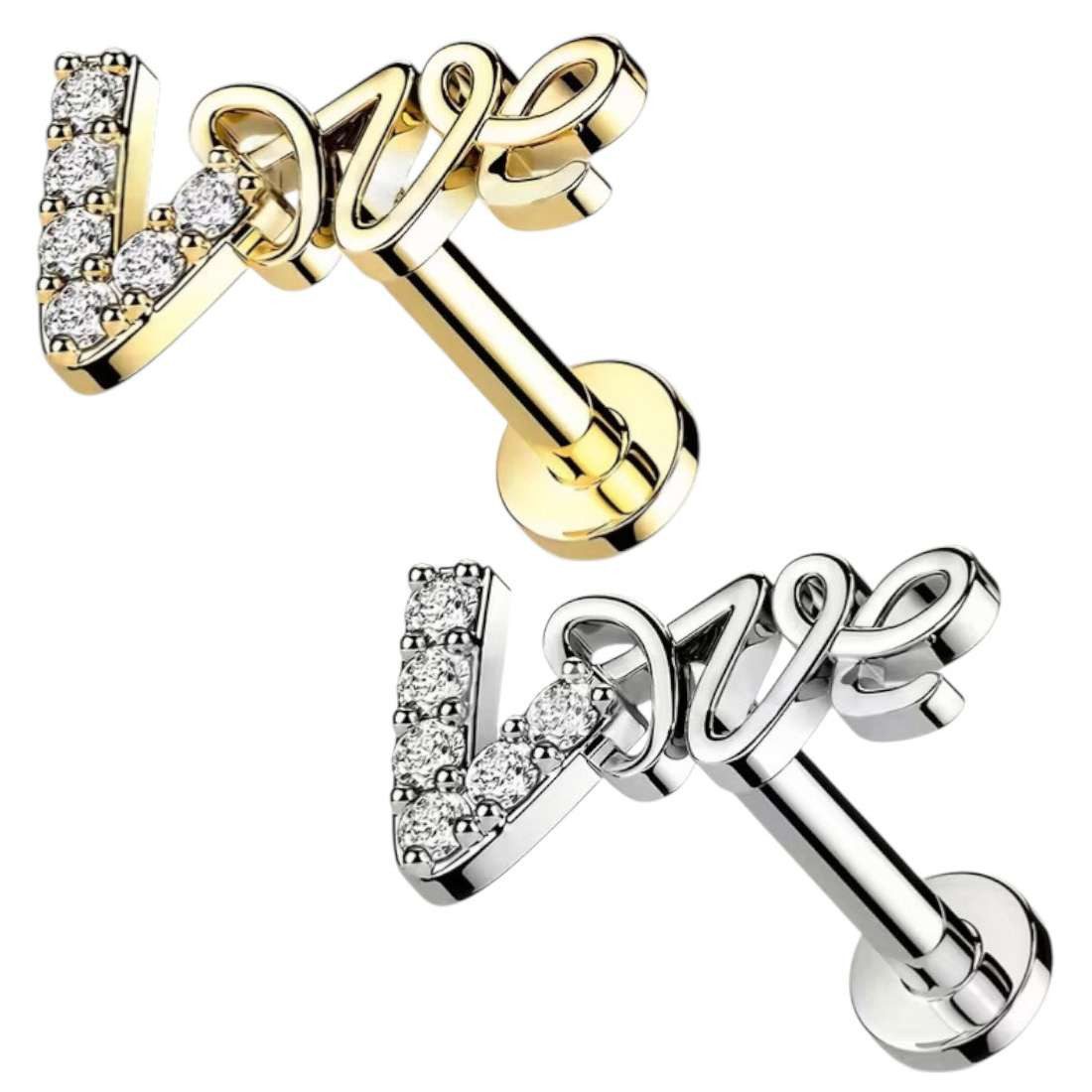 Taffstyle Piercing-Set Helix Tragus Ohr Knorpel Piercing Stecker Kristall Love Schriftzug (Ohrpiercing Cartilage Knorpel Tragus Helix Rook Daith Conch Orbital Snug Ohrring Piercing)