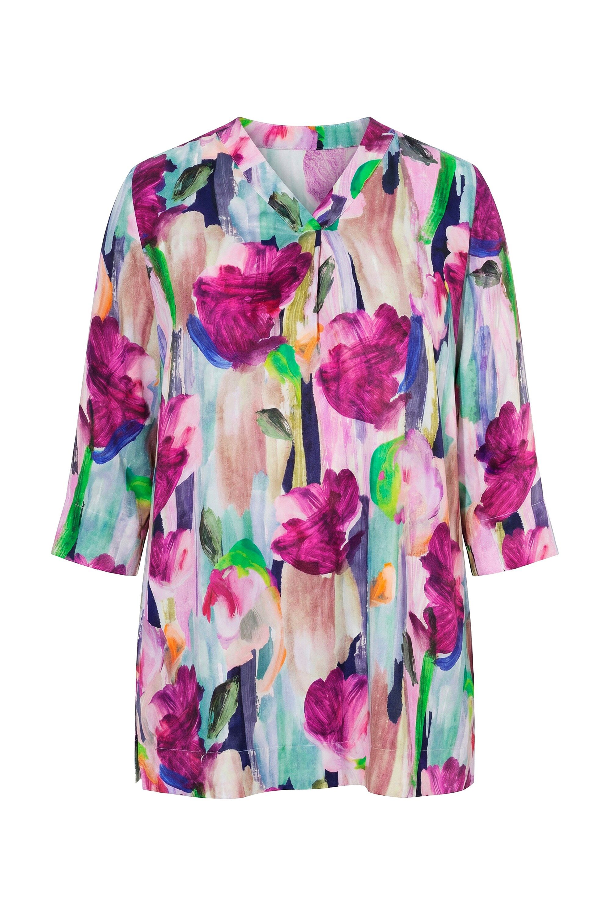 Druckbluse Satinbluse bedruckt A-Linie V-Ausschnitt 3/4-Arm