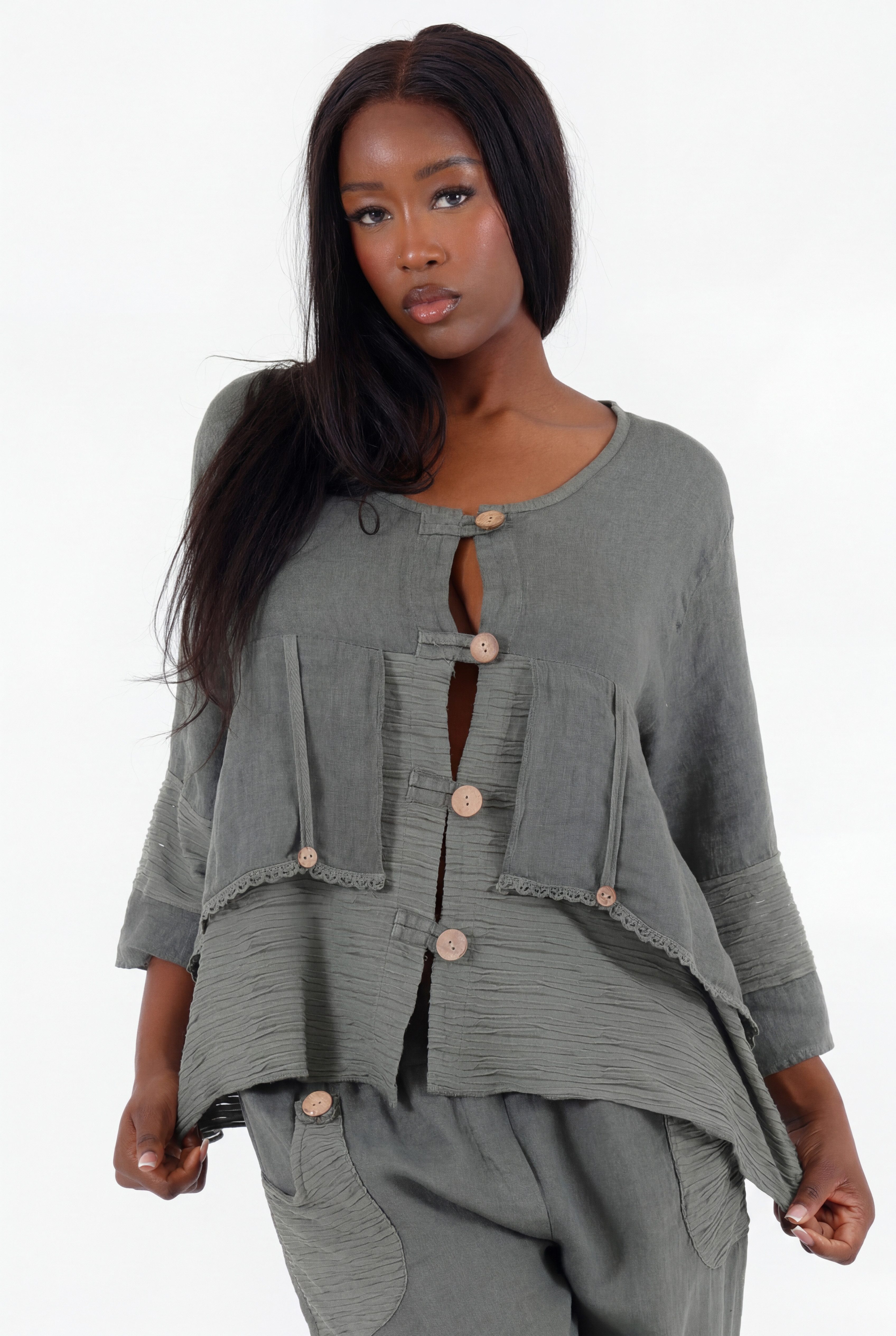 YC Fashion & Style Hosenanzug Boho Leinen-Zweiteiler aus 100 % Leinen mit Knopfdetails 2 teiliges Set