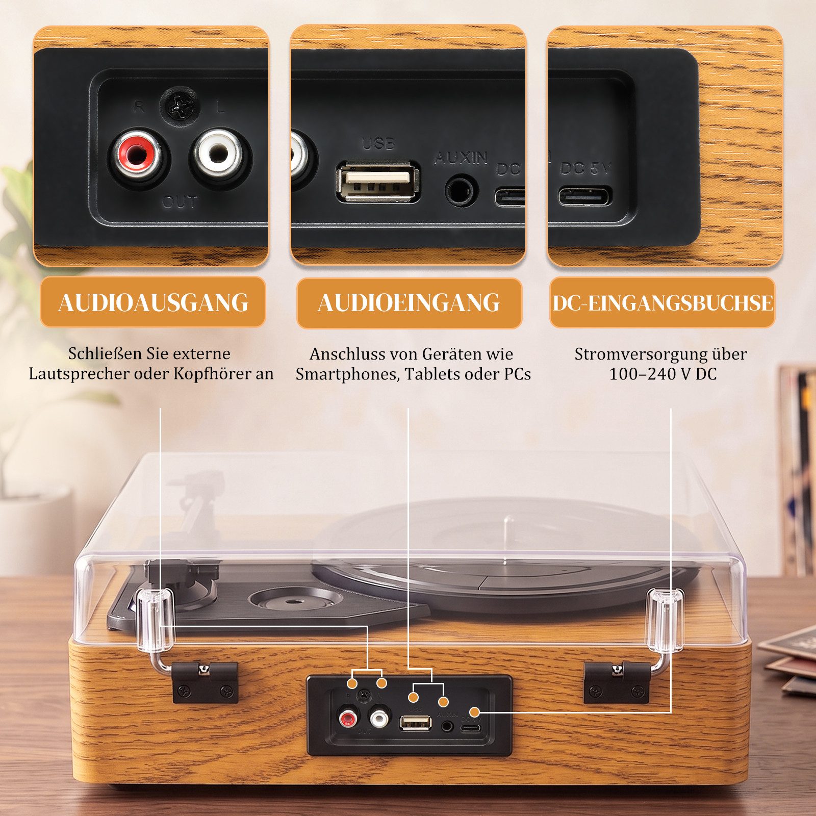 LALAHO Retro Plattenspieler mit separaten Stereolautsprechern, Bluetooth Plattenspieler (33/45/78 U/min, Staubschutzhaube, AUX‑ & RCA‑Anschluss) – Bild 5 von 5