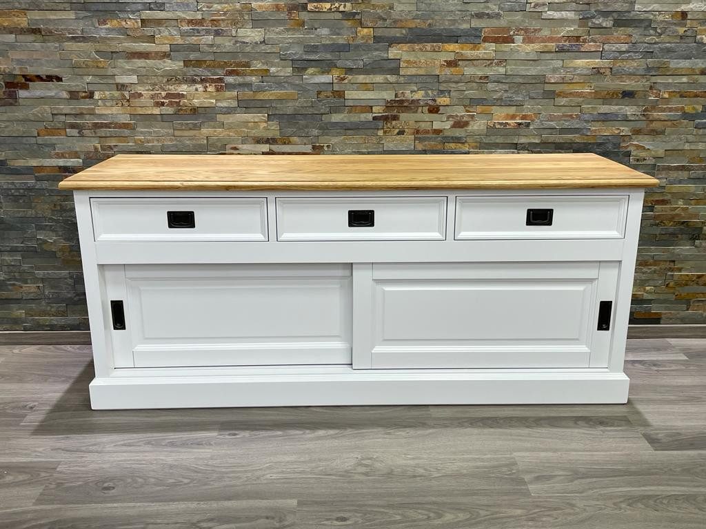 Wohnpalast TV-Board TV Schrank Neuss 165 cm weiß/eiche - Lowboard mit Schiebetüren
