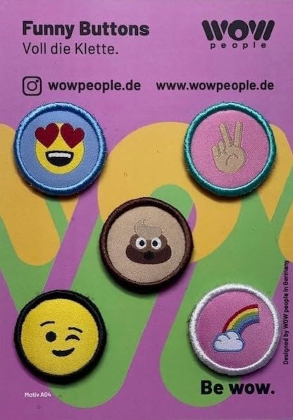 WOW people Klett-Patch Funny Buttons – 5 Klettmotive, für Schranktrolley, Rucksack & Bauchtasche - individuell gestalten