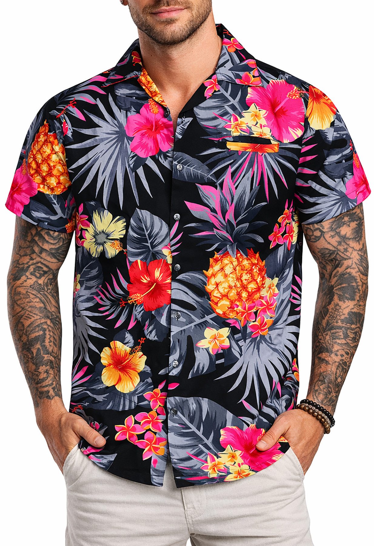 King Kameha Hawaiihemd "Pineapple" Funky Hawaii-Hemd Herren Kurzarm Front-Tasche Stylish
