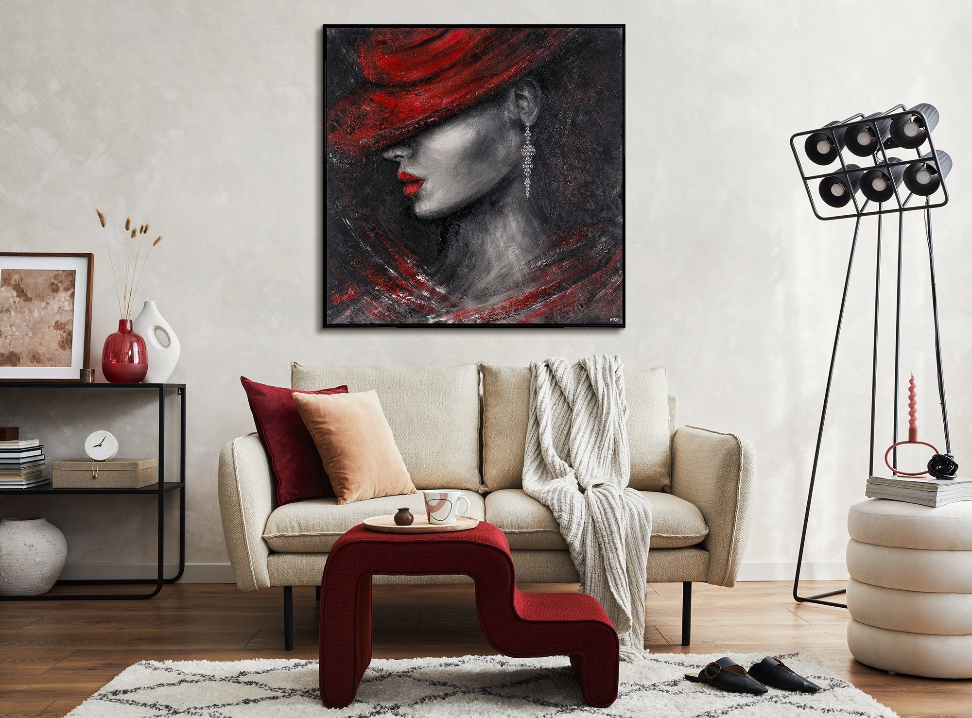 YS-Art Leinwand Hübsche Schwarz Handgemalt Gemälde Bild Menschen, Mit Lippen Stil, Rote Frau in Rahmen