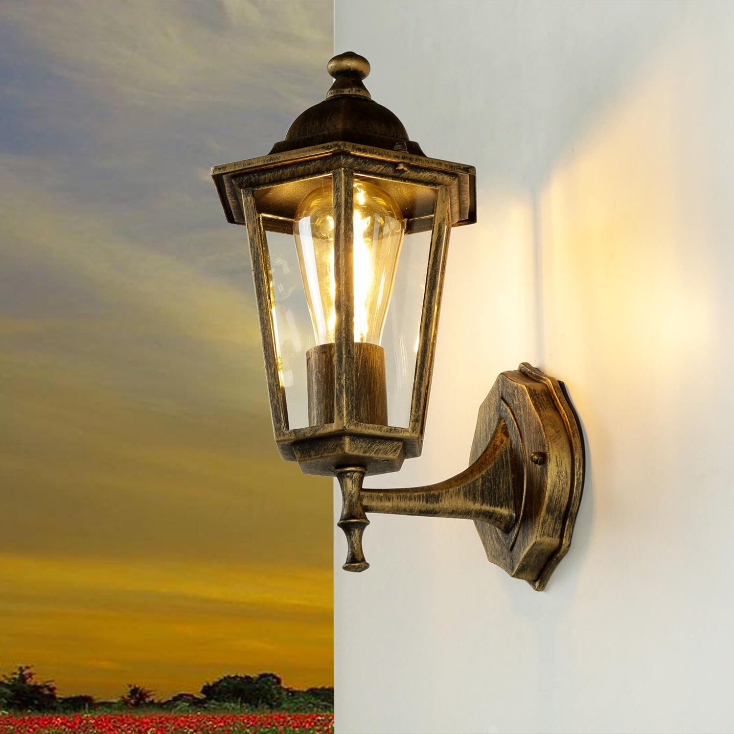 Außenlampe Gold ohne Glas Rustikal Leuchtmittel, Wand E27 Licht-Erlebnisse Aluminium PARIS, Hof IP44 Terrasse Außen-Wandleuchte