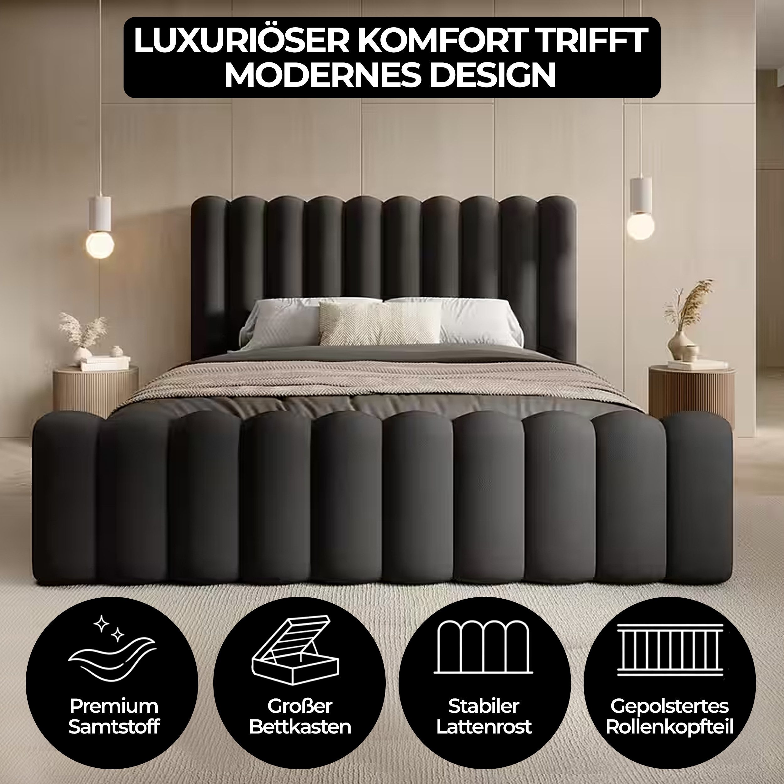 Goldstoff Polsterbett JENNY - Bett mit Bettkasten & Halbrund-Kopfteil – Velvet (Doppelbett mit Bettkasten und Lattenrost, verfügbar 140x200 160x200 180x200 200x200cm), Verfügbar in 4 Größen – Modern & Elegant
