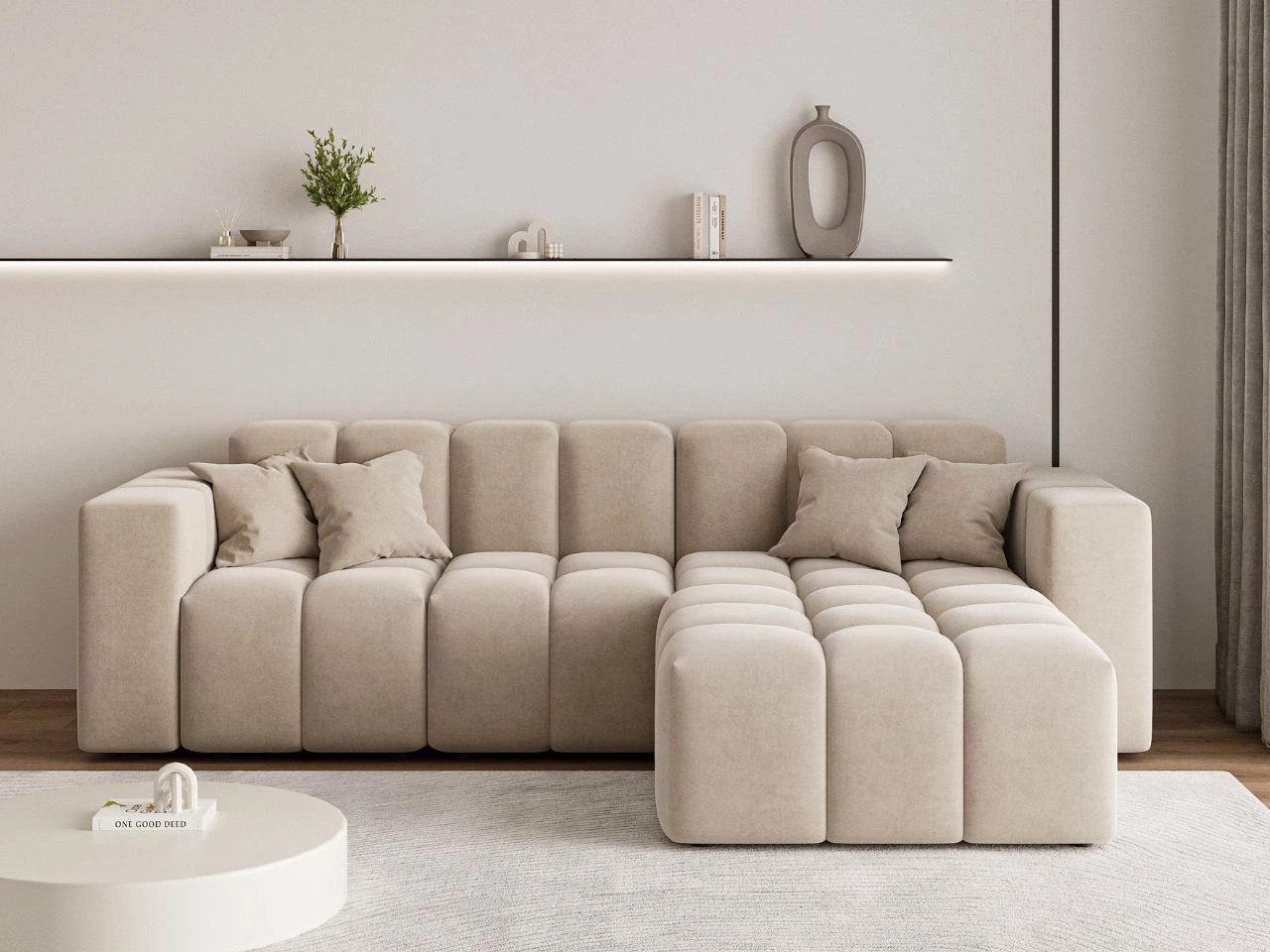 GrainGold Ecksofa L-Form LOOPO - 265x180 cm, Beige, Rechts, Wellenfedern, HR37-Schaum und T30-Schaum
