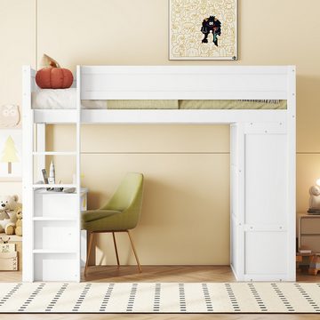 OKWISH Hochbett ausgestattet mit Kleiderschrank, Schreibtisch und Schubladen (vielseitiges Kinderbett, 90*200cm) ohne Matratze