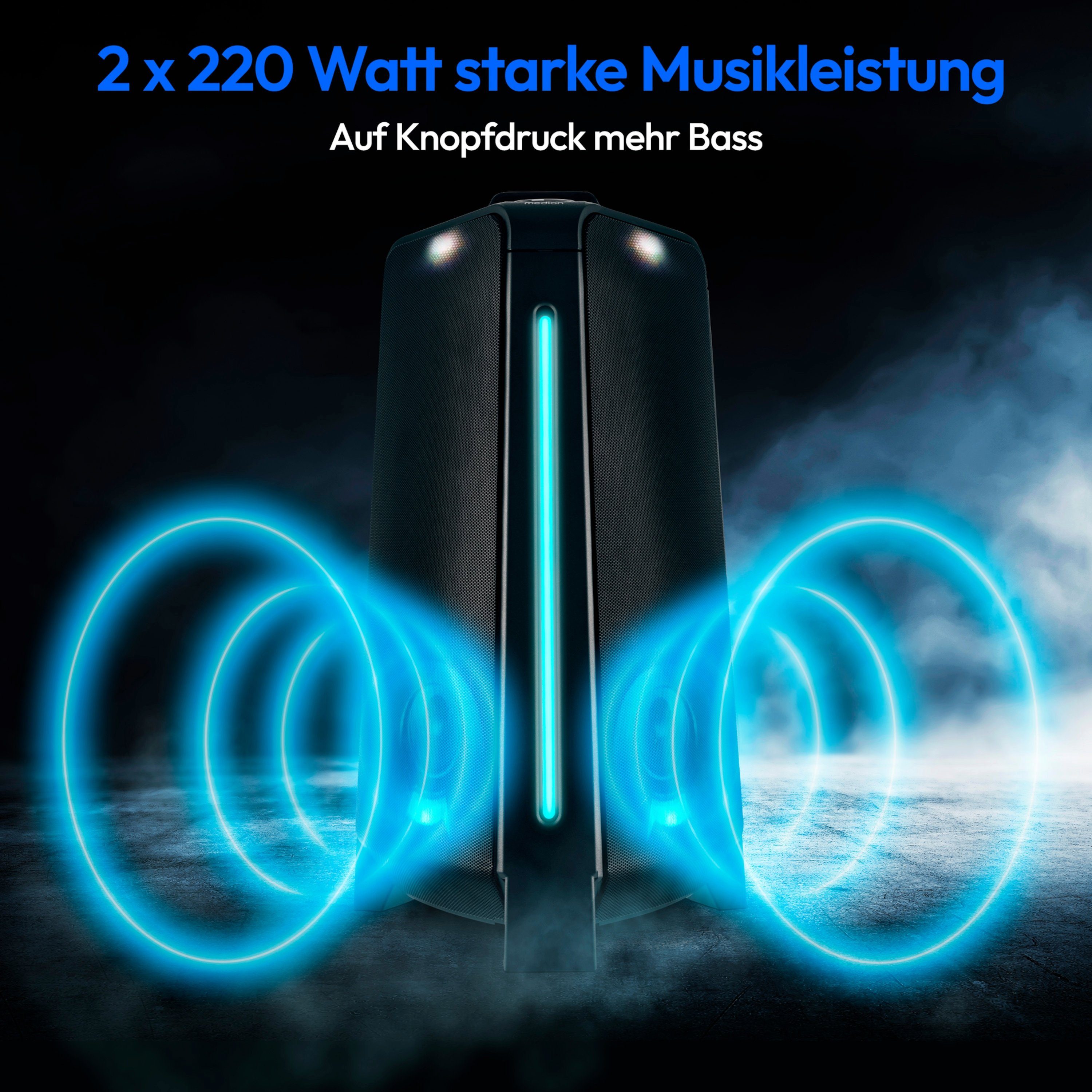 Medion® LIFE® P61552 (MD43552) Party-Lautsprecher (A2DP Bluetooth, Bluetooth, AVRCP Bluetooth, 44 W, inkl. Mikrofon, Karaoke, Akku, Bluetooth, TWS, Lichteffekte, USB, AUX)