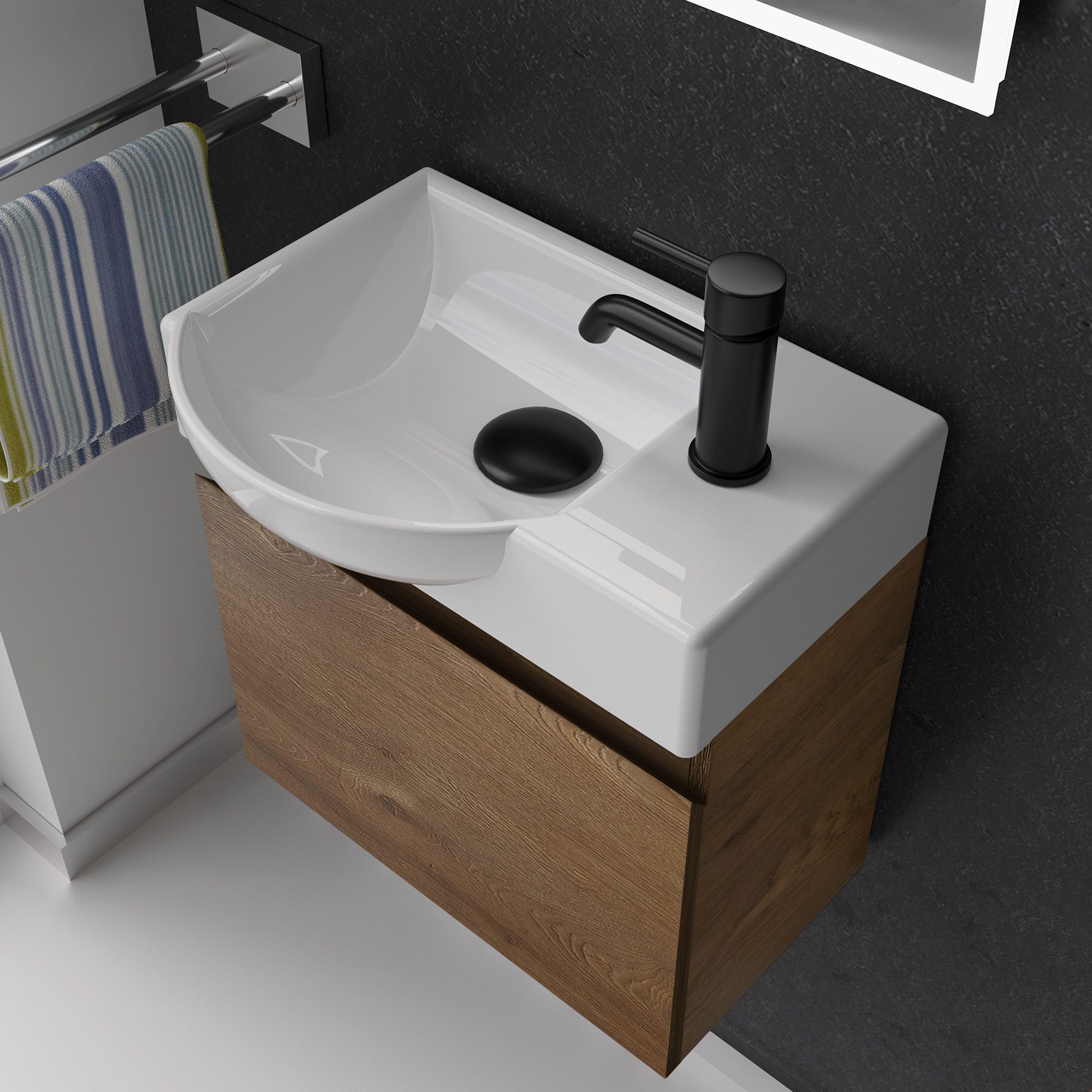 Alpenberger Badmöbel-Set - Gäste WC Waschbecken mit Unterschrank 45 cm Breit, (Badschrank 2-tlg., Waschtisch hängend), Waschbeckenunterschrank mit Softclose - Farbe Eiche - Links Becken