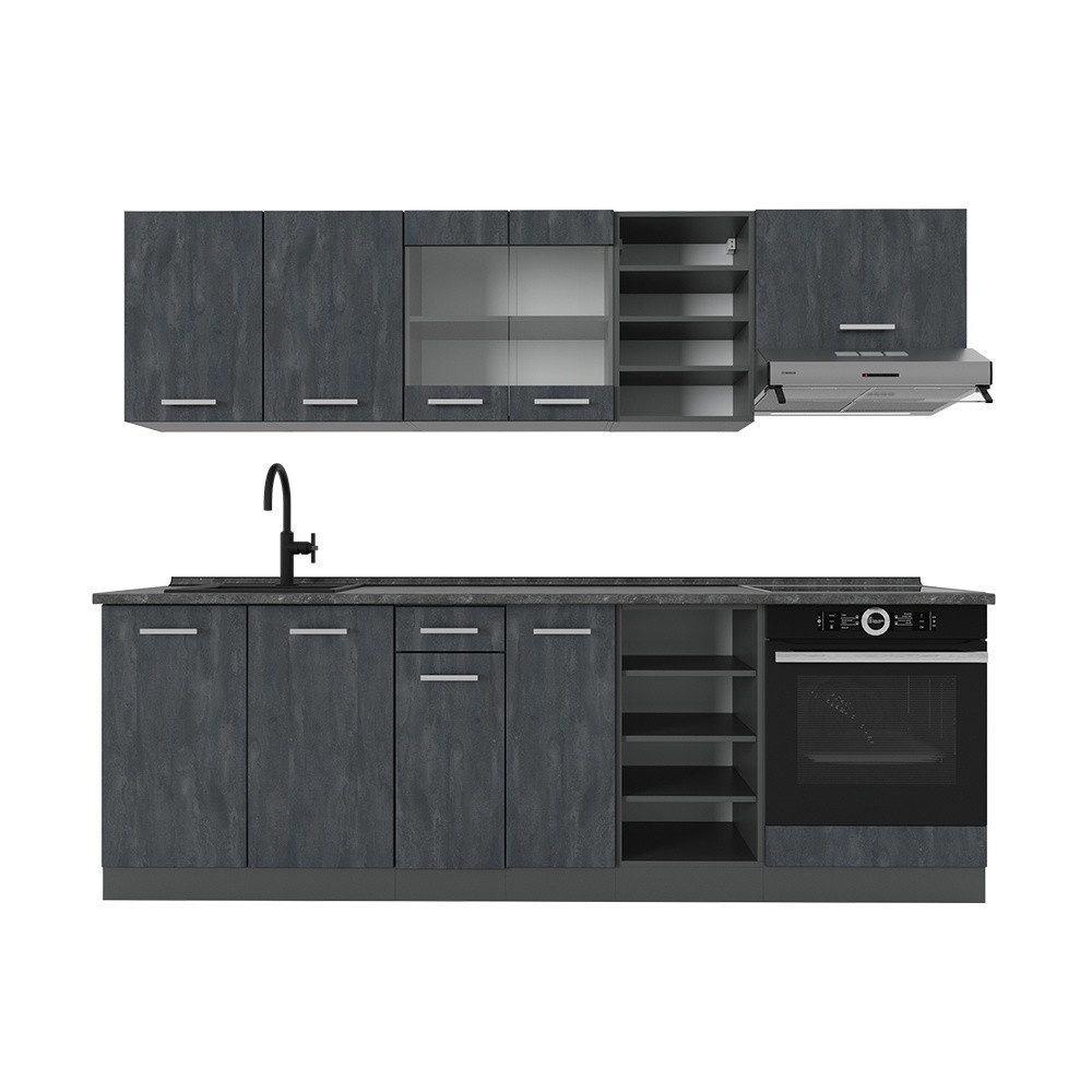 Vicco Küchenzeile R-Line, Schwarz Beton/Anthrazit, 240 cm ohne Arbeitsplatte