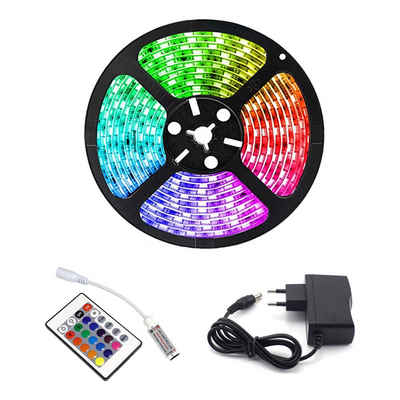 LEDOLET LED-Streifen 5 Meter RGB LED Streifen Stripe inkl. Trafo, Netzteil u. Fernbedienung, Dimmbar, Wasserdicht IP5, Farbwechsel, Lichtsteuerung