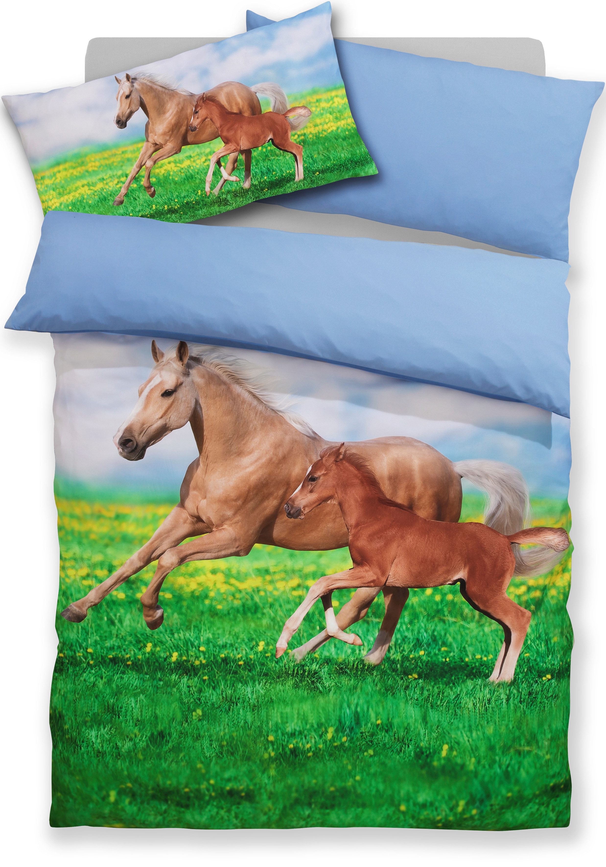 OTTO home Bettwäsche Lyki, Microfaser, 2 teilig, ab Größe 135x200 cm, 100% Polyester, Katze, Pferd, Löwe, Pinguin