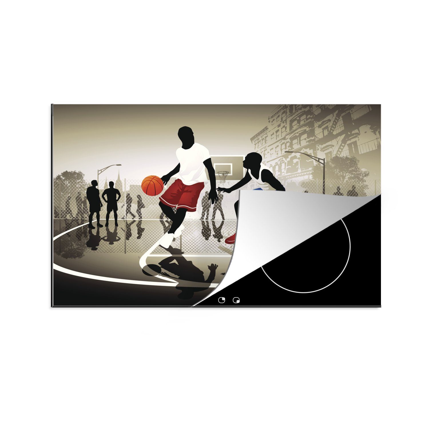 MuchoWow Herdblende-/Abdeckplatte Eine Illustration von zwei Basketballspielern auf der Straße, Vinyl, (1 tlg), 81x52 cm, Induktionskochfeld Schutz für die küche, Ceranfeldabdeckung