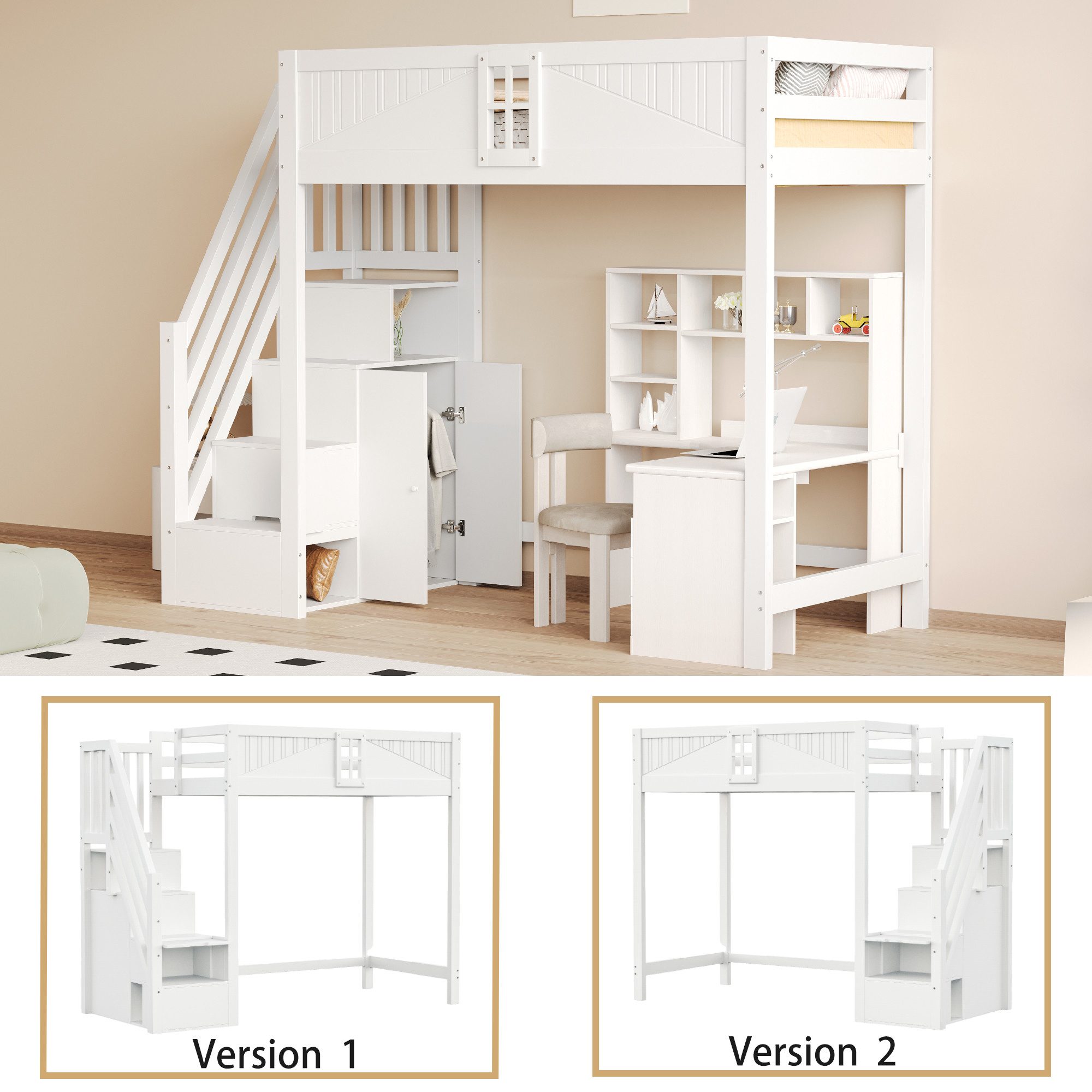 Flieks Hochbett Kinderbett 90x200cm mit Stauraumtreppe (Links und Rechts Austauschbar) – Bild 5 von 5