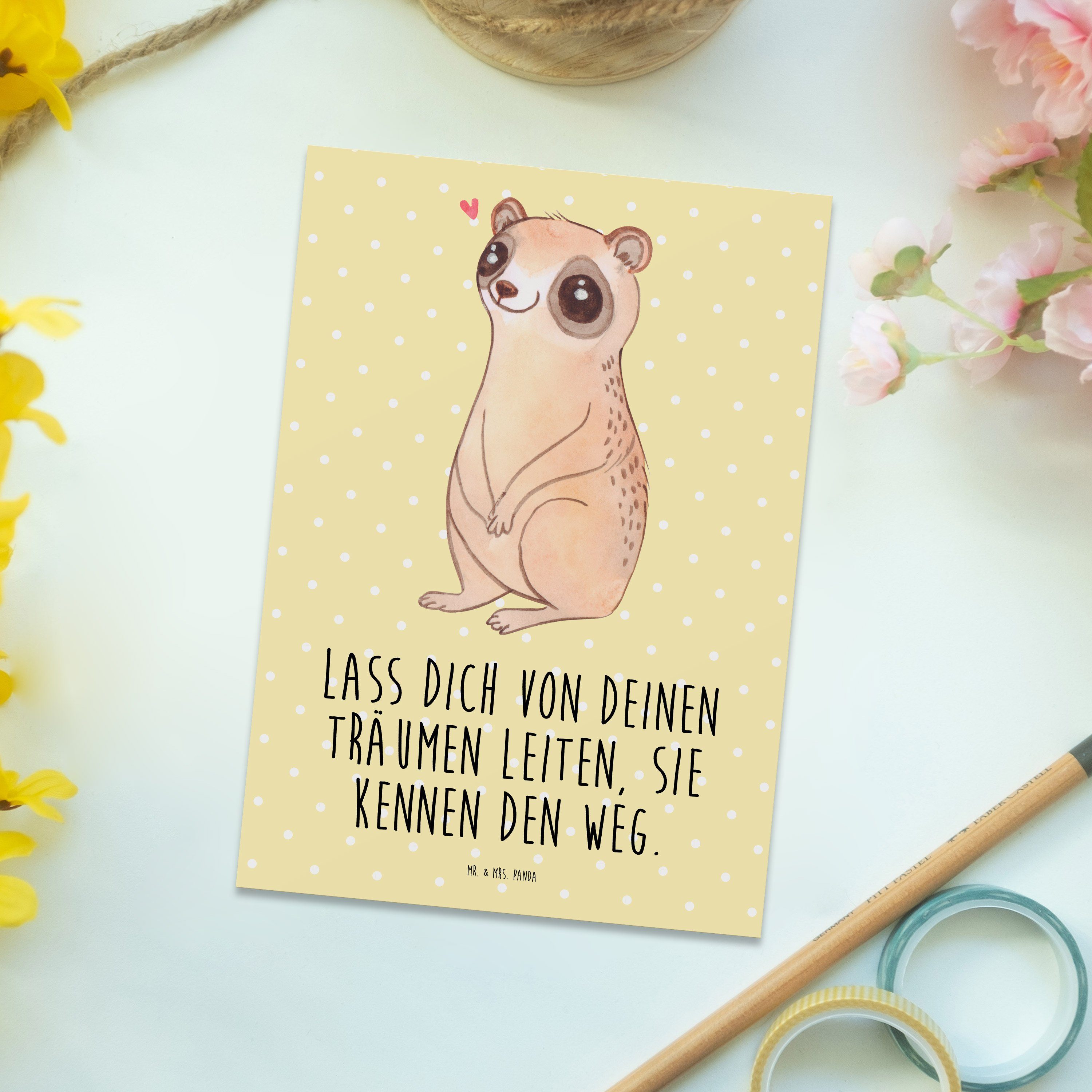 Mrs. - Panda Gelb Postkarte & - lustige Sprüche, Pastell Geschenk, Mr. Glücklich Plumplori Gebur