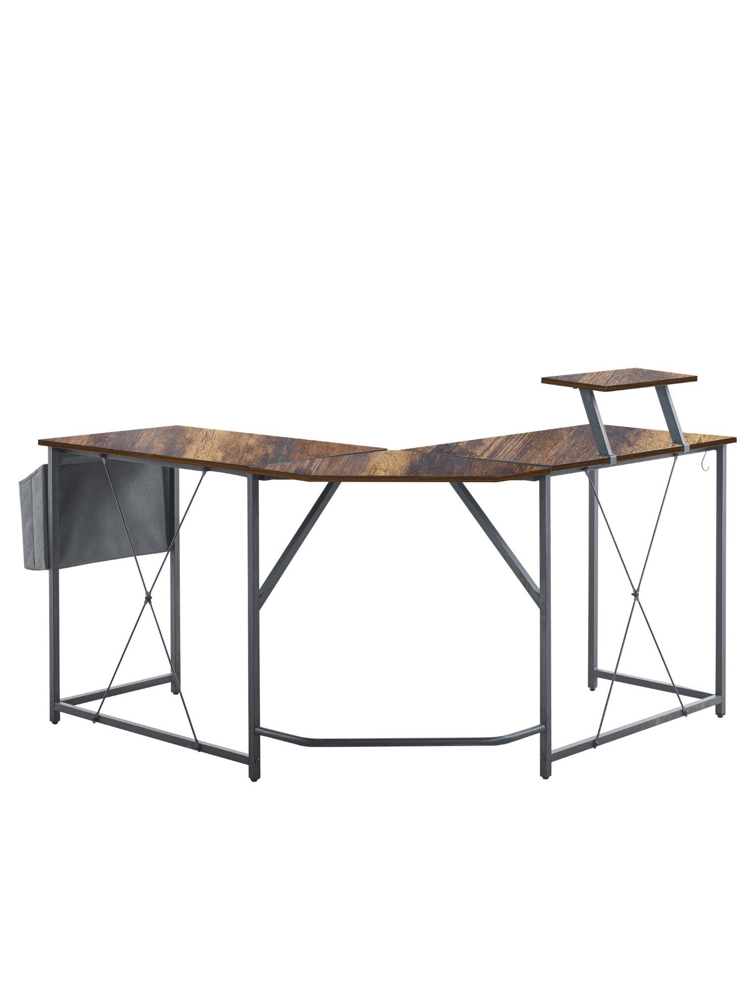 Brise Home Computertisch Großer Computertisch in L-Form mit Aufsatz & Aufbewahrung (Einzelartikel, 1x Tisch, 1x Monitoraufsatz, 1x Stofftasche, 2x Haken, Montagematerial), L-Form, Vintage Holzoptik, Für Homeoffice und Gaming geeignet