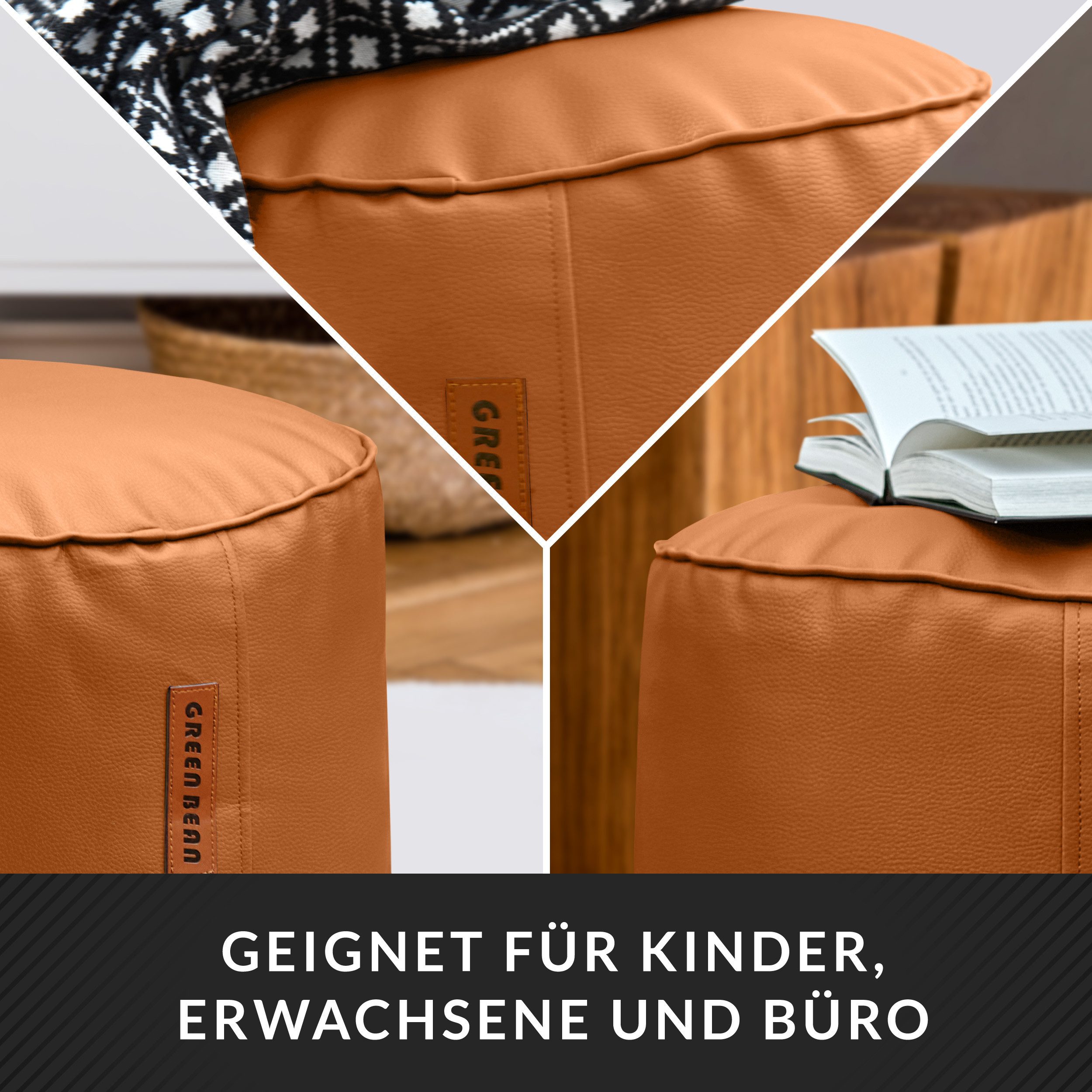 Green Bean Pouf Sitzsack-Hocker Kunstleder Stay rund (Indoor / Outdoor, abwaschbarer Oberfläche & EPS Perlen Füllung, Sitzwürfel Sitzkissen Hocker Sitzhocker), die ideale Ergänzung zum Sitzsack