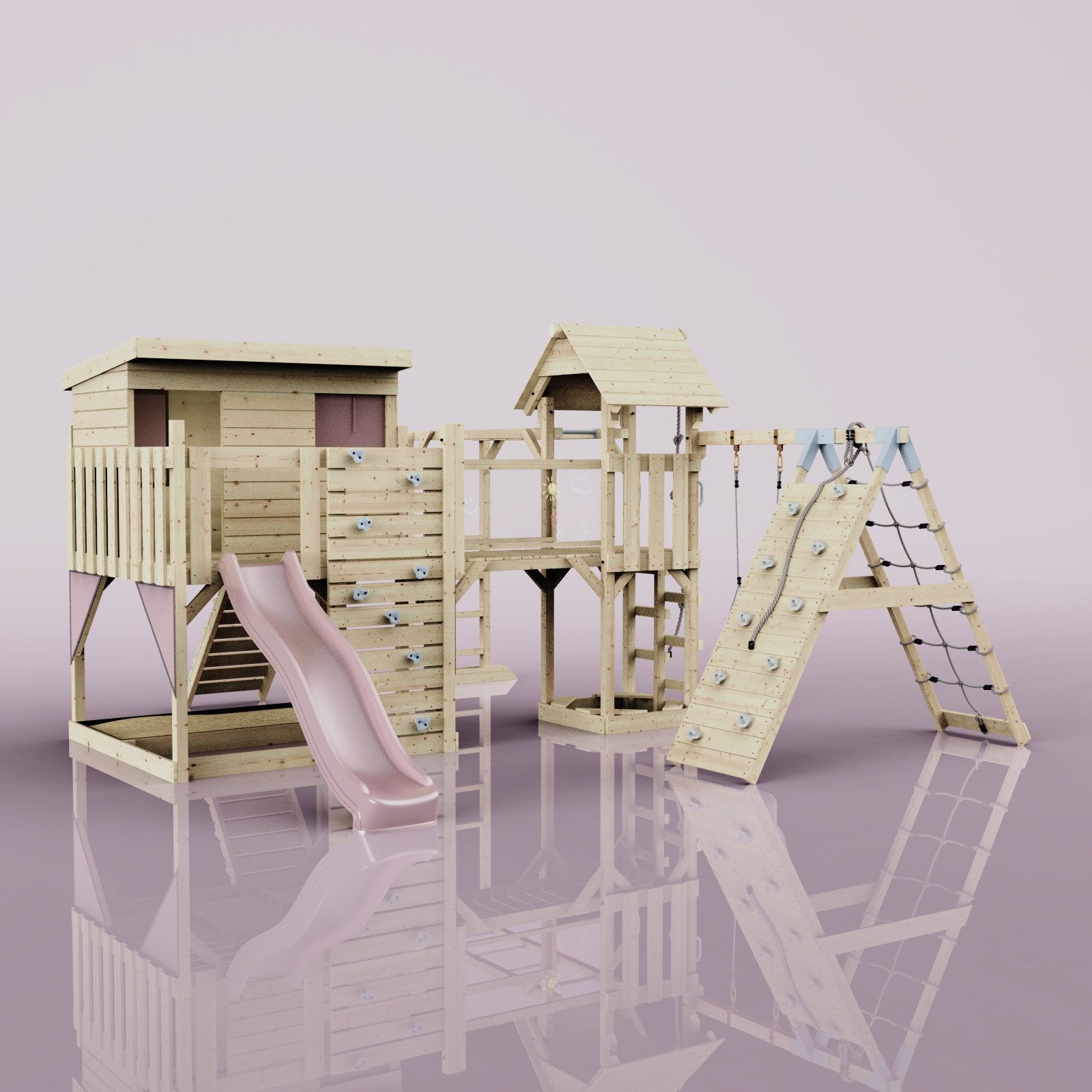 OutdoorToys Spielturm Bene, aus Holz in Altrosa mit Babyschaukel & Rutsche, Kletterwand