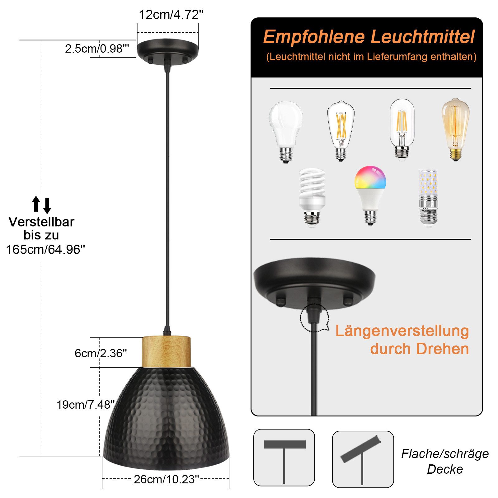 POPOLIC Pendelleuchte Deckenlampe Deckenleuchte höhenverstellbar bis 165cm, dimmbar, Holzoptik, inkl. Montagezubehör, für Wohnzimmer, Schlafzimmer, Flur