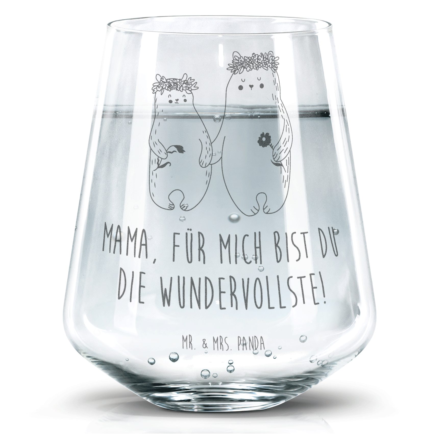 Mr. & Mrs. Panda Glas Bären mit Blumenkranz - Transparent - Geschenk, Schwester, Spülmaschi, Premium Glas, Hochwertige Gravur