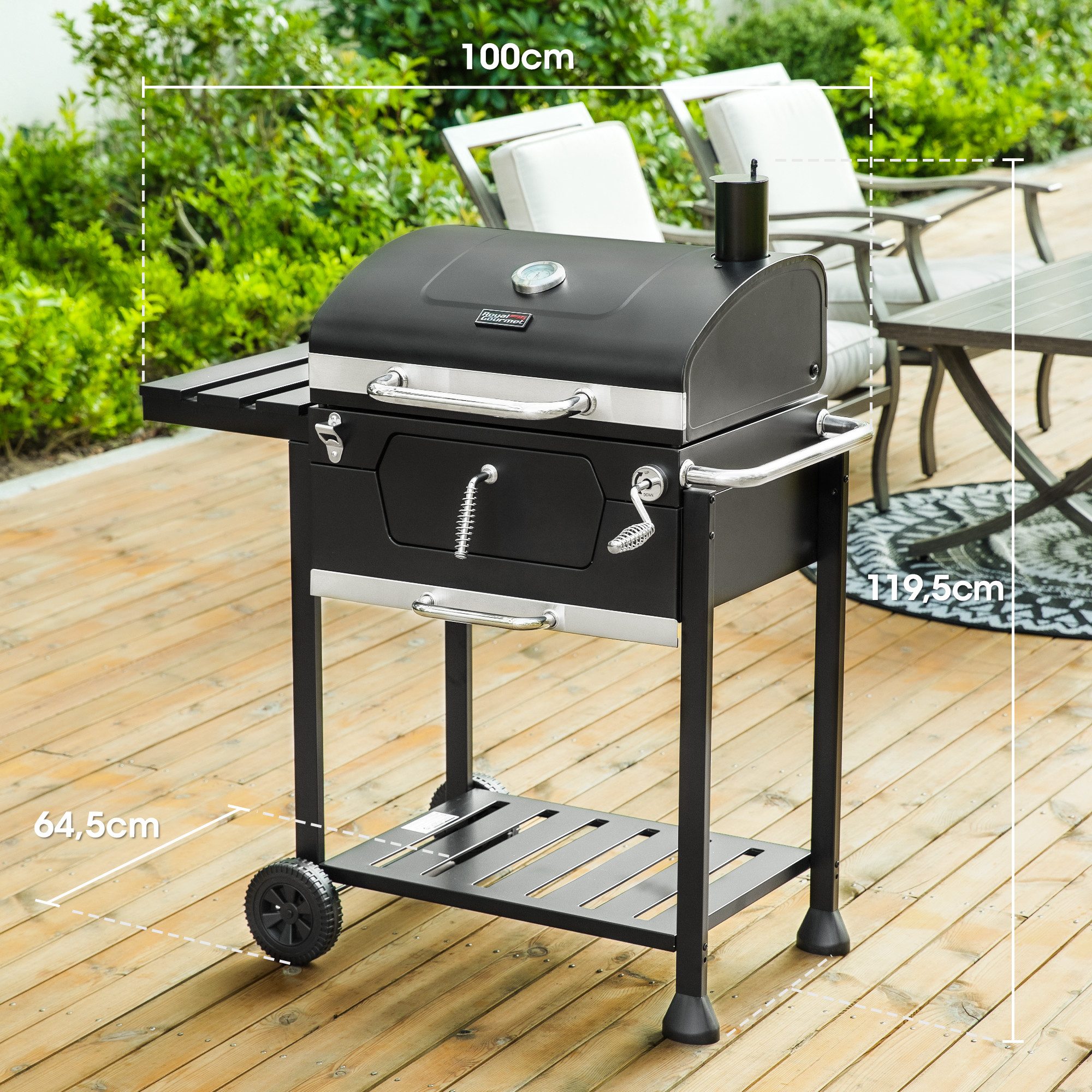 Royal Gourmet Holzkohlegrill Barbecue Grillwagen Smoker Campinggrill Outdoor Kohlegrill Gartengrill, 100 x 64,5 x 104,5 cm