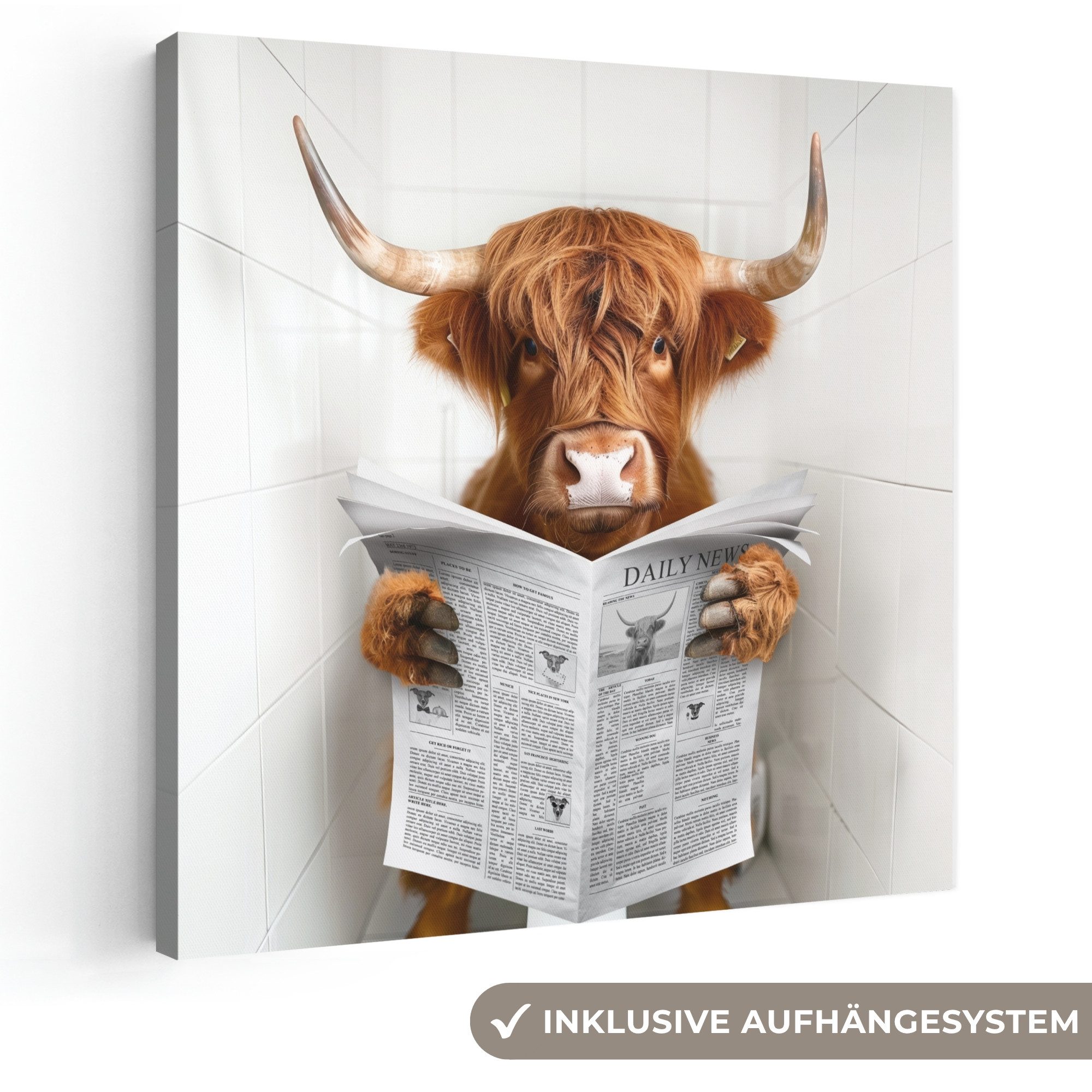 OneMillionCanvasses® Leinwandbild Hochlandbewohner - Tier - Zeitung - Toilette, Fotodruck (1 St), Wandbild, Deko Schlafzimmer Wohnzimmer Flur 20x20 cm