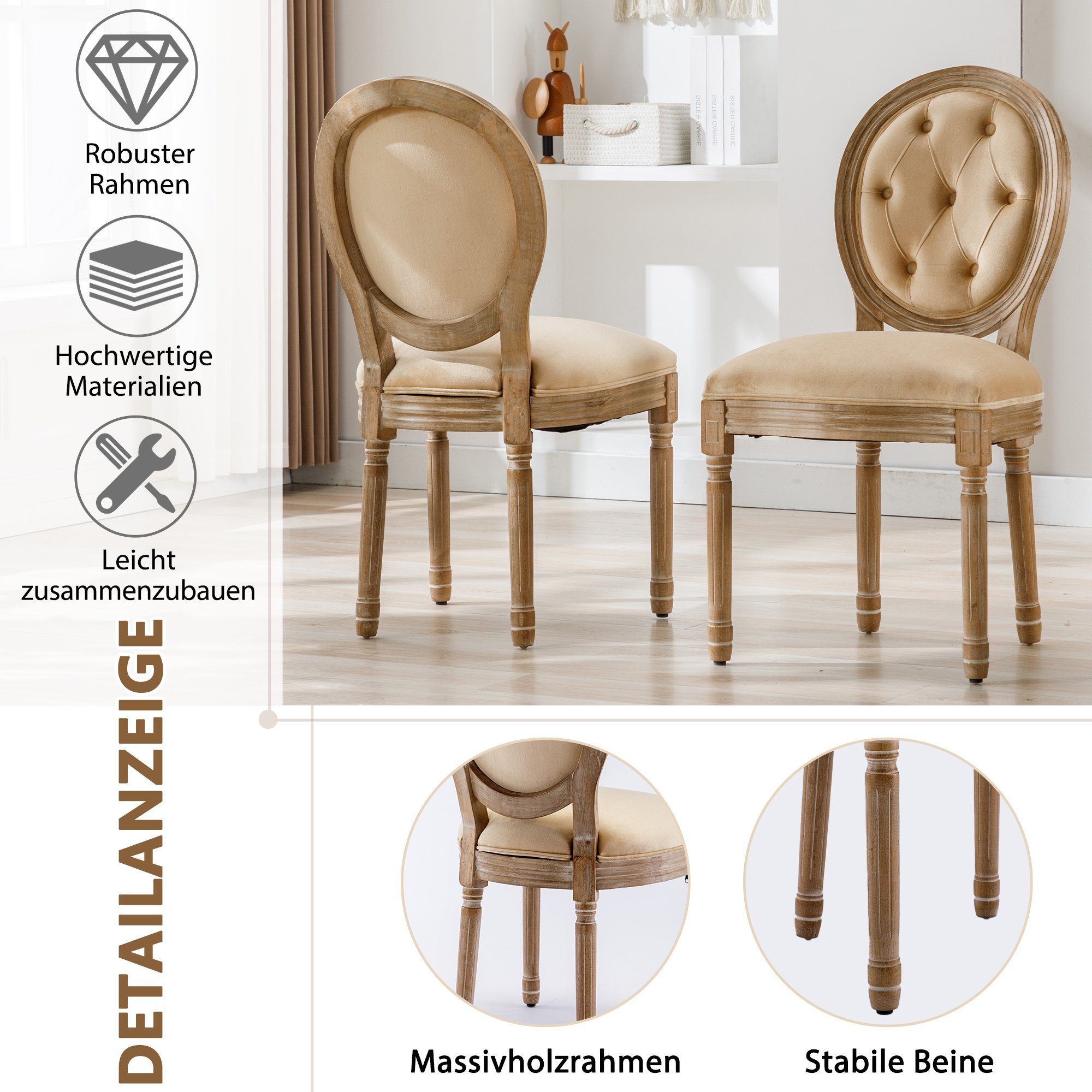 Merax Polsterstuhl mit aus aus Stuhl Medaillon und Knopfdesign Samt, Beige Beige | Beinen St), runden Gummiholz Rückenlehnen Esszimmerstühle (2