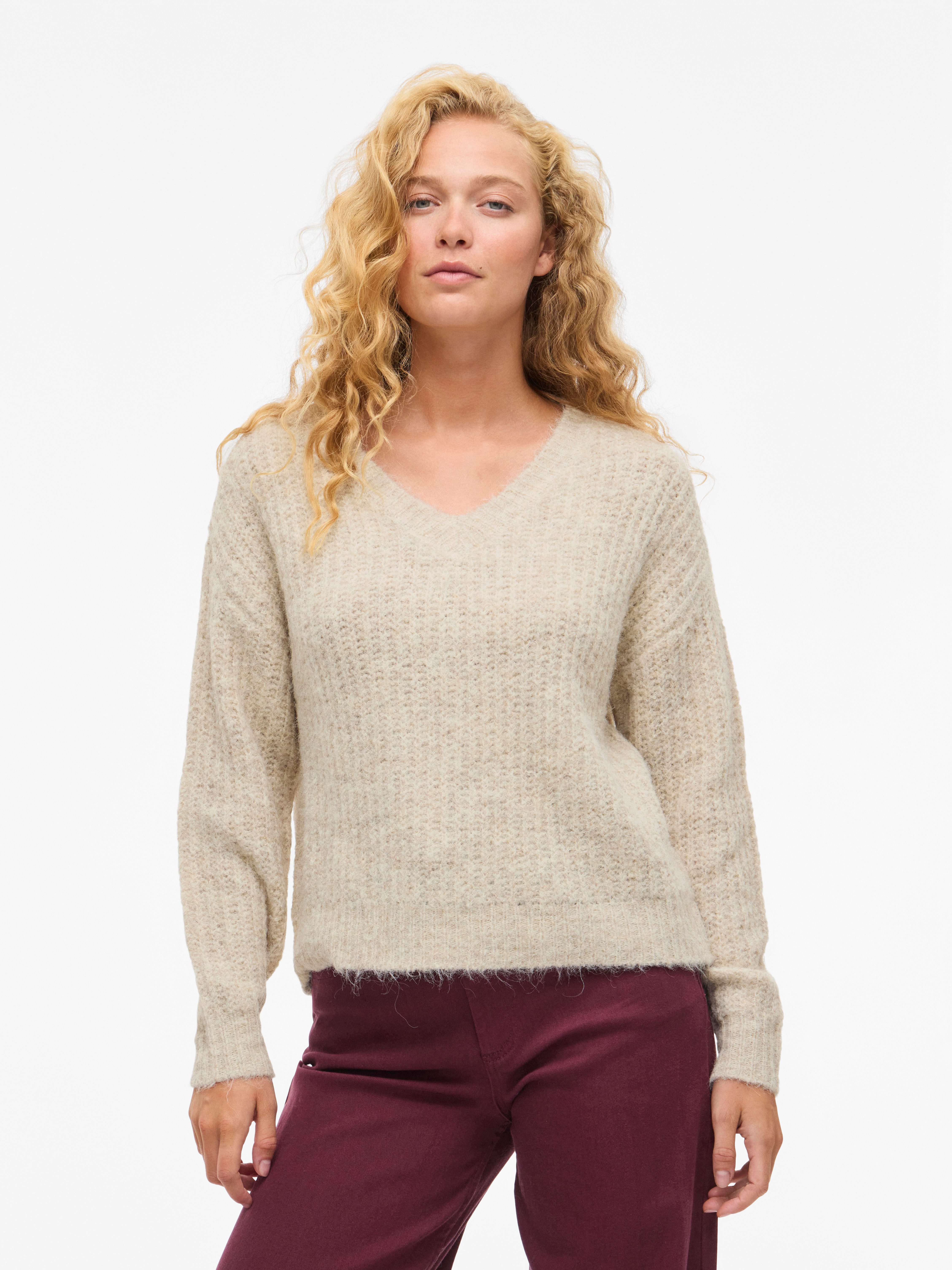 Vila V-Ausschnitt-Pullover VILAMPE V-NECK L/S KNIT TOP-NOOS Materialmix, regular fit