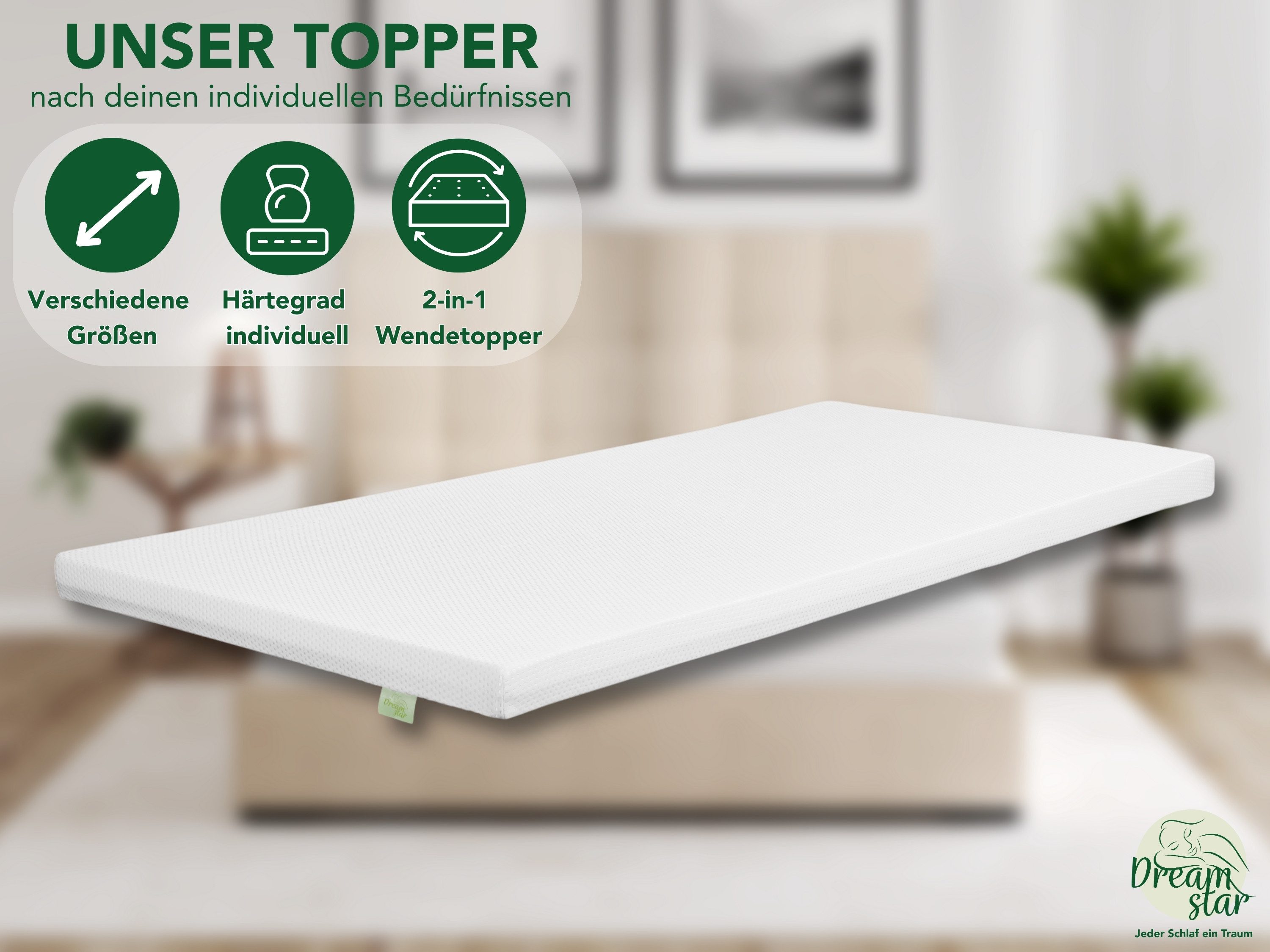 Dreamstar, Topper Duo Matratzentopper, H2/H3, mit Gel-Memory und Komfortschicht, 7 cm hoch, rutschfest, Bezug waschbar - für Matratzen und Boxspringbetten