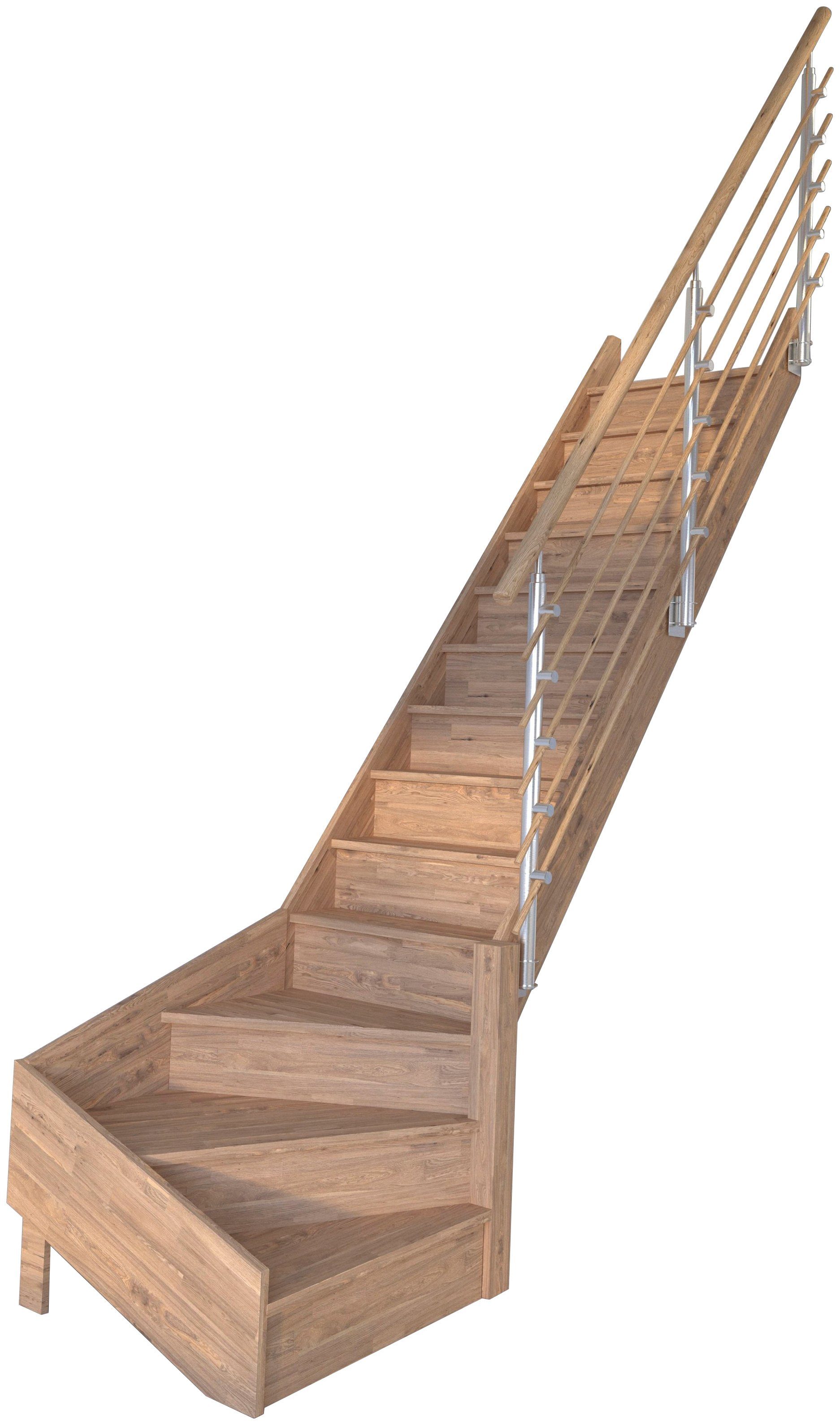 Starwood Raumspartreppe Massivholz Rhodos, Design-Geländer Holzrundstäbe, für Geschosshöhen bis 300 cm, Stufen geschlossen, gewendelt Rechts, Durchgehende Wangenteile