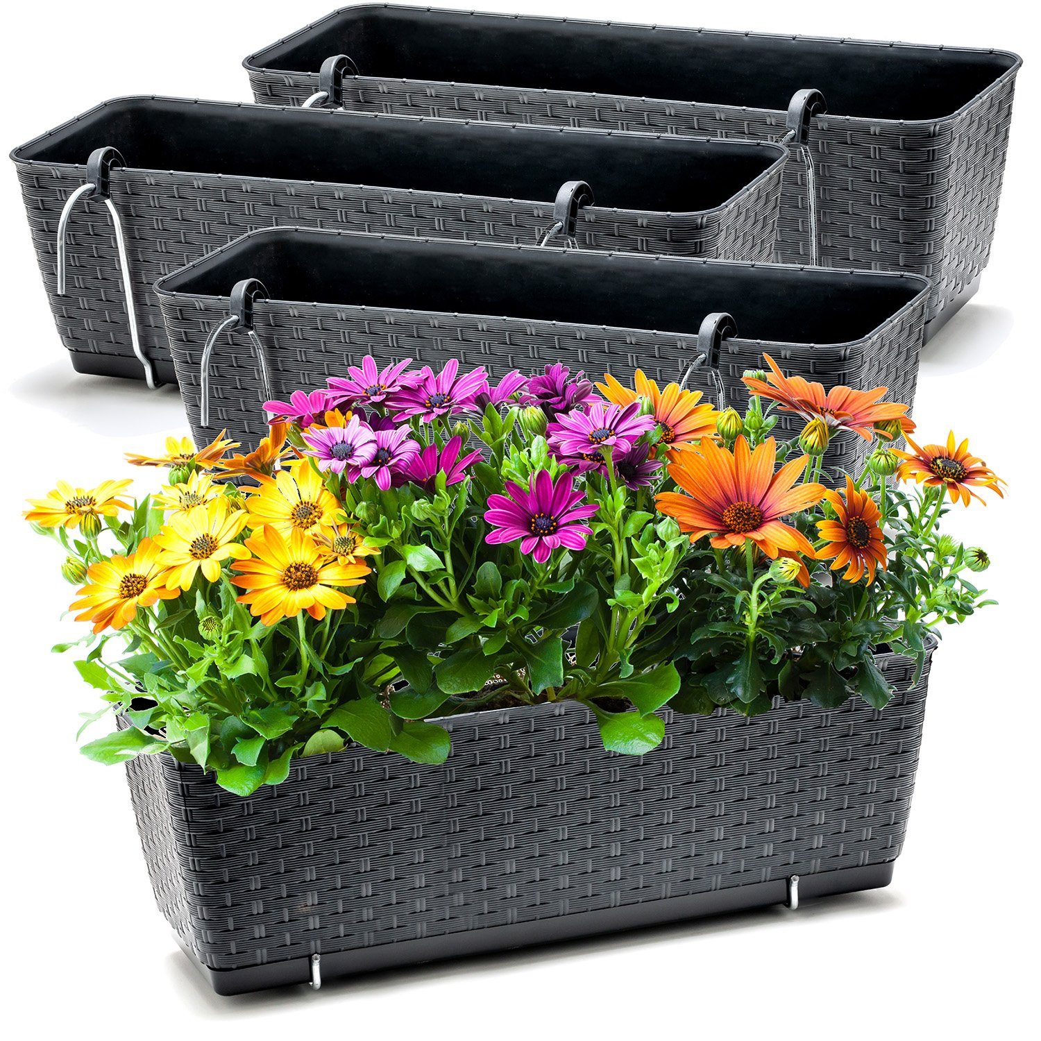 BigDean Blumenkasten 4x Bewässerungssystem + Halterung Rattan-Optik Anthrazit 49x17x17cm (Set, 4 St., Balkonkästen), Bruchfest, Bewässerungssystem, Wasserspeicher, Halterung
