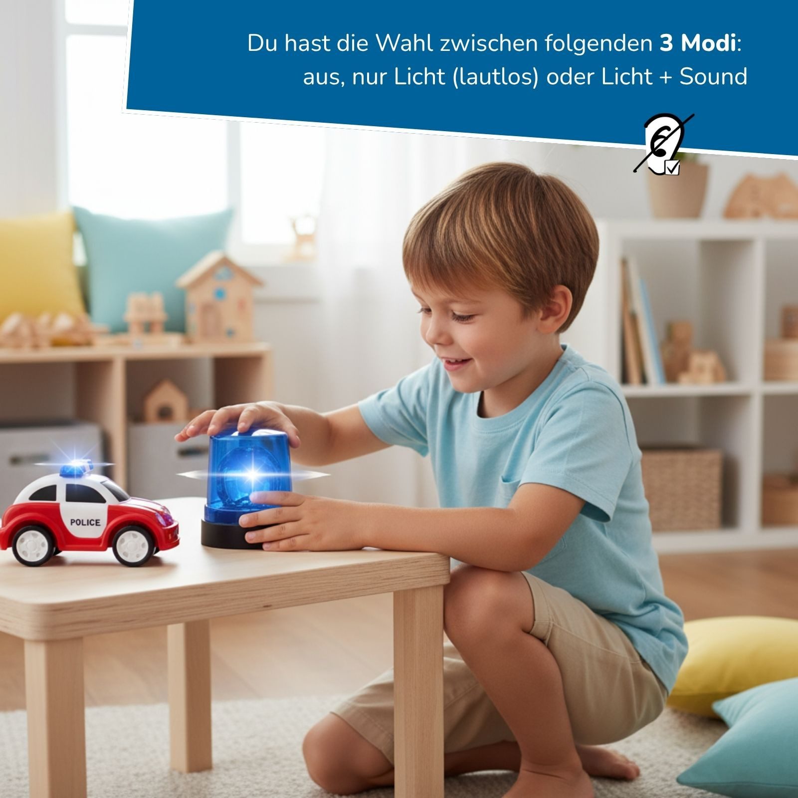 alldoro LED Dekolicht 2er Set LED Spielzeug Blaulicht mit Sirenen Sound und Lautlos-Funktion, inklusive Lautlosmodus nur mit Licht ohne Sound, Dekolicht blau für Rollenspiele, Kindergeburtstag & Party-Beleuchtung