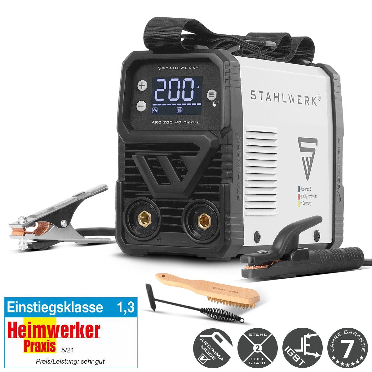 STAHLWERK Inverterschweißgerät ARC 200 MD Digital Inverter E Hand Schweißgerät 200 A MMA Lift TIG, Packung}, 6-tlg., Einzelgerät, E-Hand, Lift-TIG Inverter mit 200 Ampere, Digital-Display, IGBT