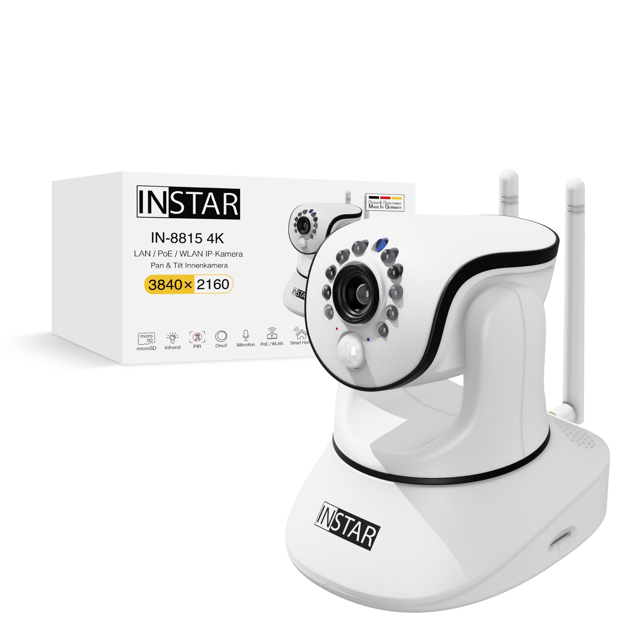 INSTAR Smart Home Kamera IN-8815 4K (Innenbereich, Baby Monitor, Haustier Überwachung, steuerbar (PTZ), PoE und WLAN, 2 Wege Audio, PIR, Alarm Ein- & Ausgang)