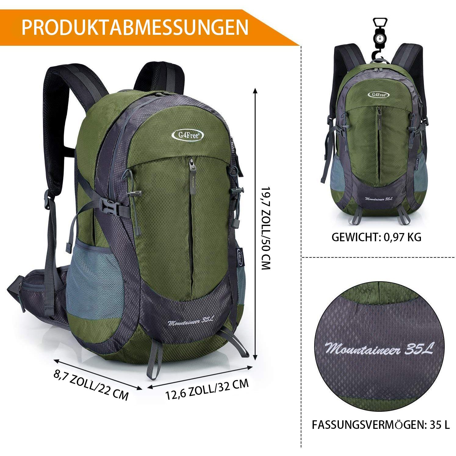 Wanderrucksack, Rucksack, Reiserucksack Wanderrucksack, G4Free Dunkelgrün 35L