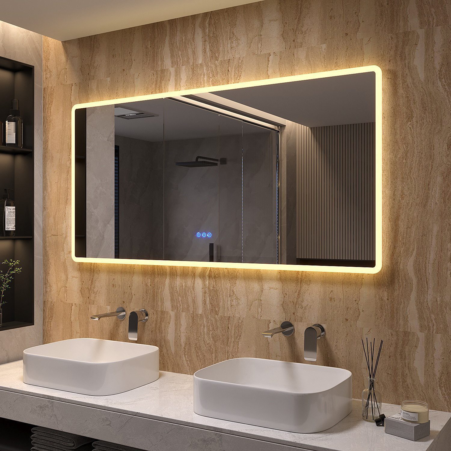 AQUALAVOS Badspiegel Badspiegel 100-160cm mit LED Beleuchtung Lichtspiegel Wandspiegel, Beschlagfrei, Kalt/Warm Licht, dimmbar, Helligkeit-Speicherfunktion