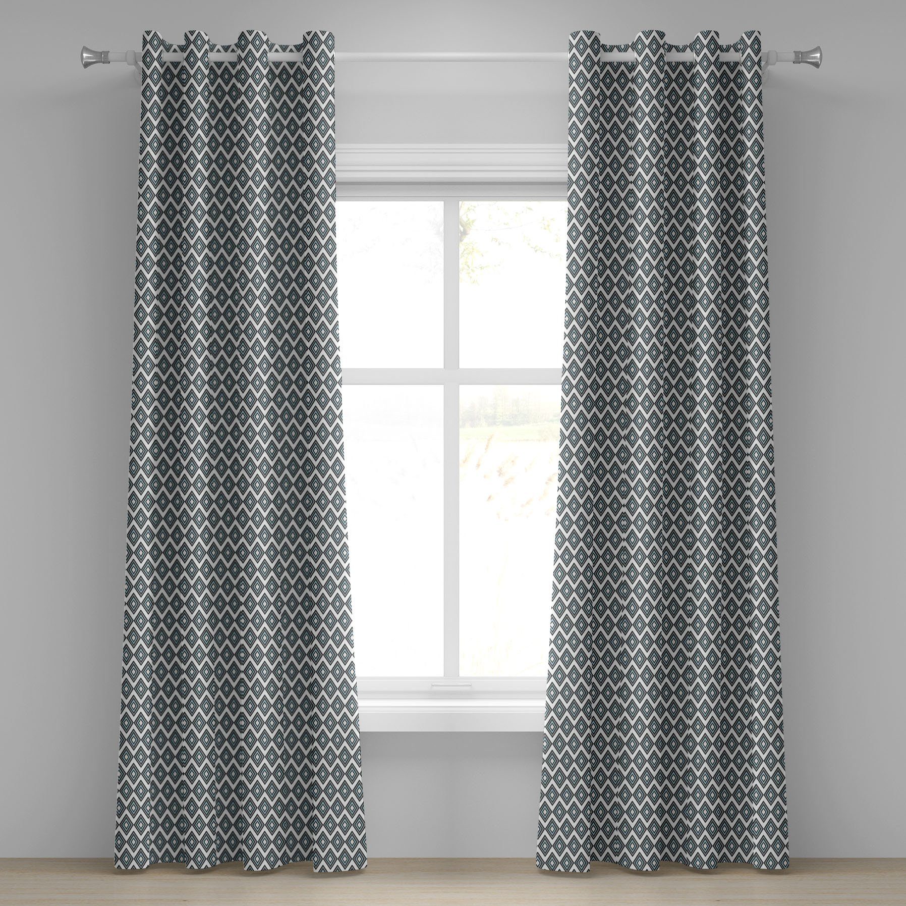 Gardine Dekorative 2-Panel-Fenstervorhänge für Schlafzimmer Wohnzimmer, Abakuhaus, Grau Blau Bullseye Rhombuses