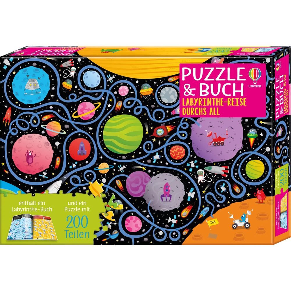 Usborne Verlag Puzzle Puzzle & Buch: Labyrinthe-Reise durchs All, 200 Puzzleteile