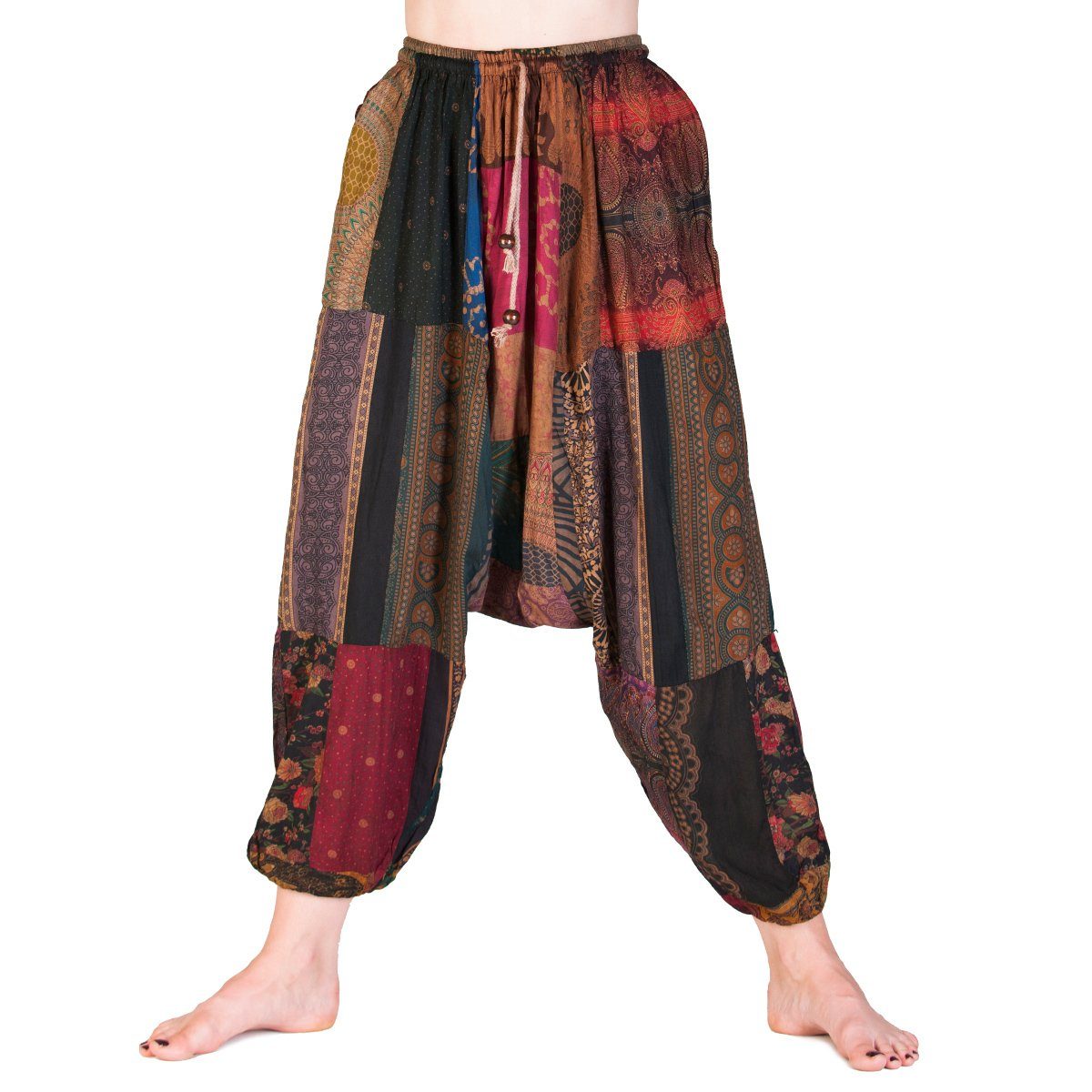 002 Damen Seitentaschen Stoffhose Viskose Muckhose bequeme aus für Aladinhose Patchwork-bunt mit feiner PANASIAM Sommerhose natürlicher leichte Haremshose