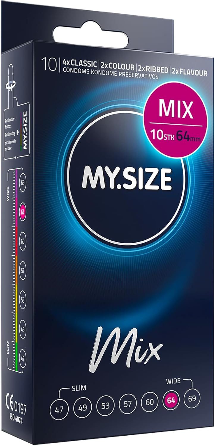 MY.SIZE Kondome Mix, gemischte Kondome in individueller Passform, blaue, rote mit Erdbeeraroma, gerippt, classic
