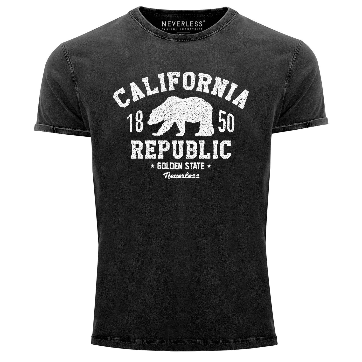 Neverless Print-Shirt Neverless® Herren T-Shirt Vintage Shirt Printshirt California Republic Kalifornien Golden State Grizzly Bär Bear Logo Used Look Slim Fit mit Print schwarz